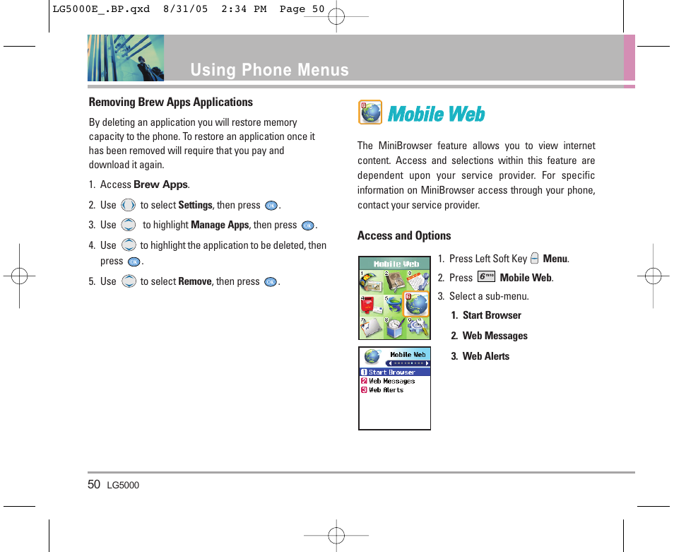 Mmo ob biille e w we eb b, Using phone menus | LG LGBP5000 User Manual | Page 51 / 191