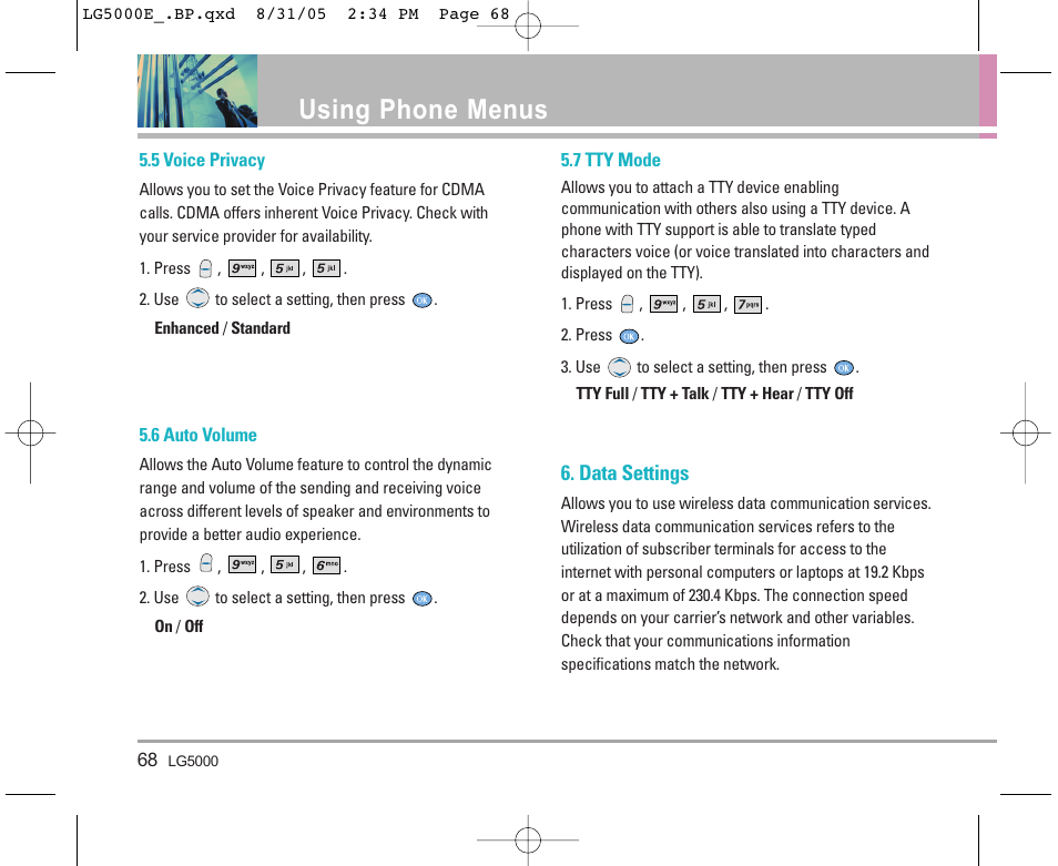 Using phone menus, Data settings | LG LGBP5000 User Manual | Page 69 / 191