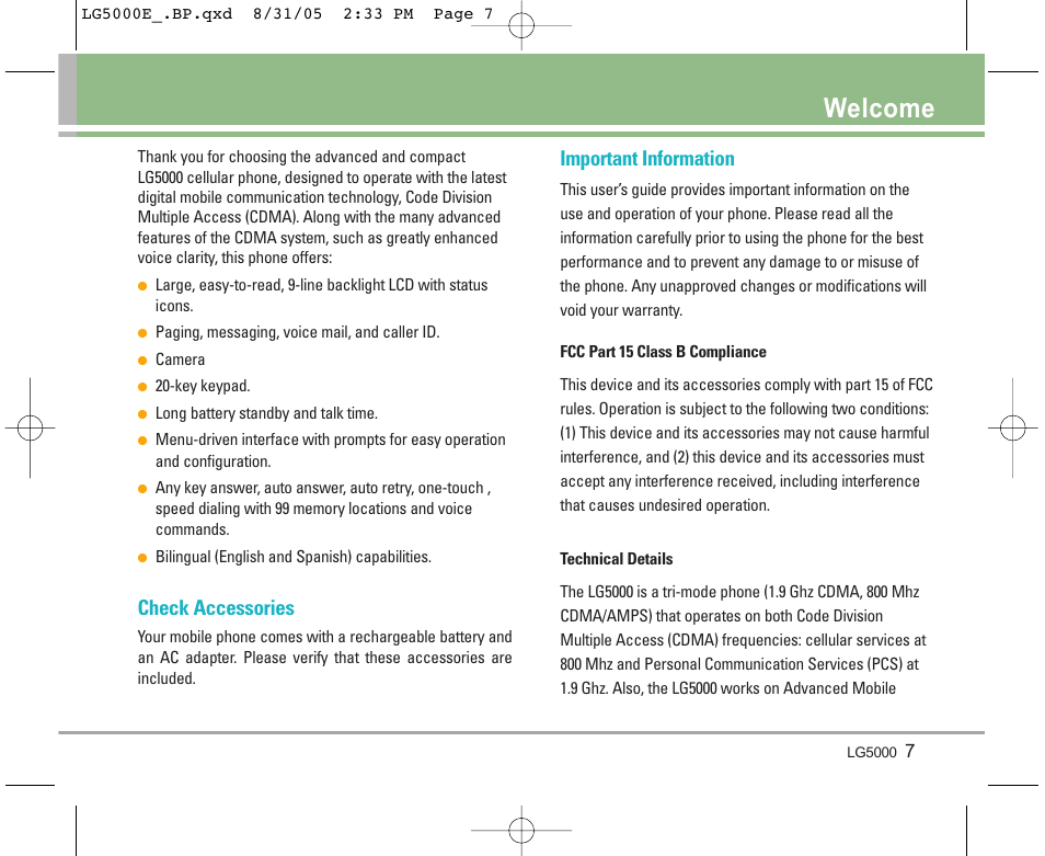 Welcome, Check accessories, Important information | LG LGBP5000 User Manual | Page 8 / 191