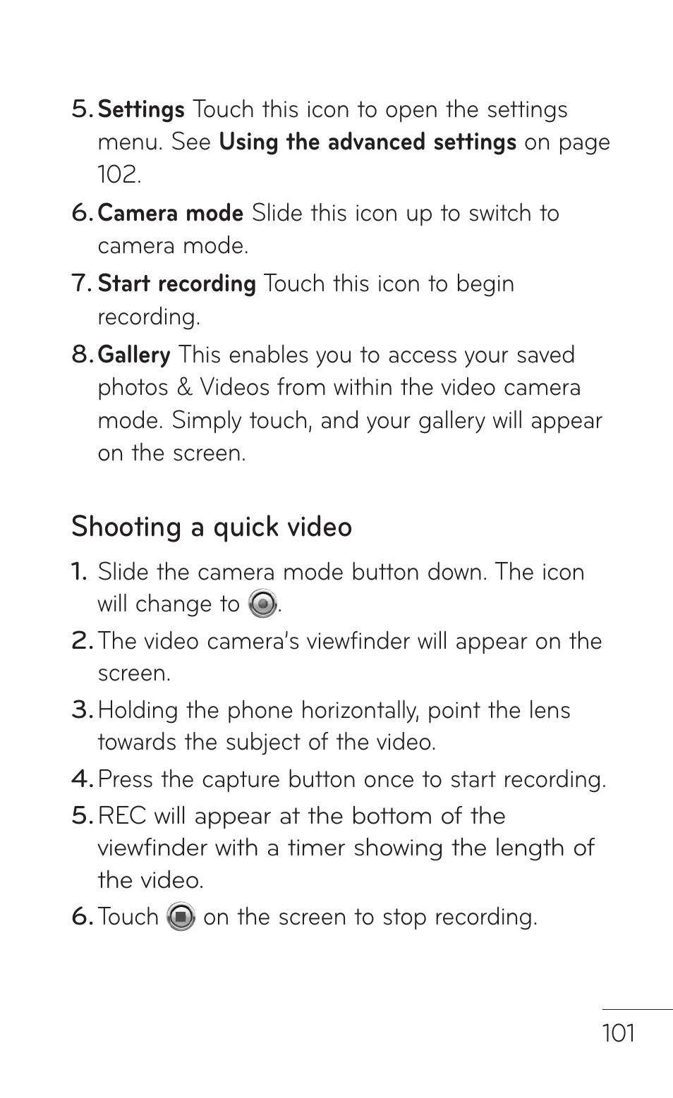 Shooting a quick video | LG LGP509 User Manual | Page 101 / 396