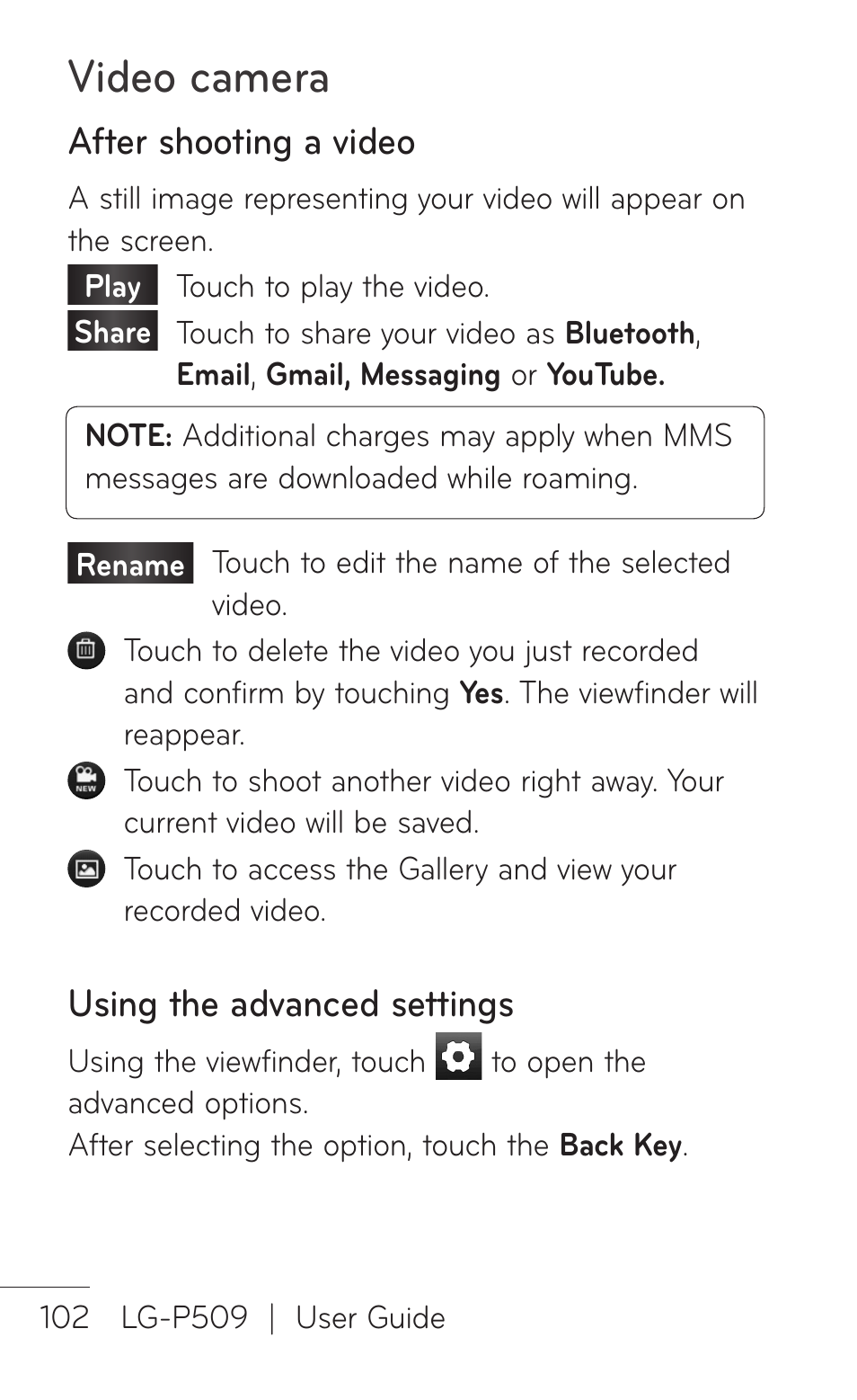 After shooting a video, Using the advanced settings, Video camera | LG LGP509 User Manual | Page 102 / 396