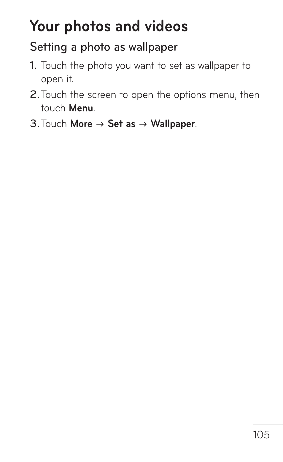 Your photos and videos, Setting a photo as wallpaper | LG LGP509 User Manual | Page 105 / 396