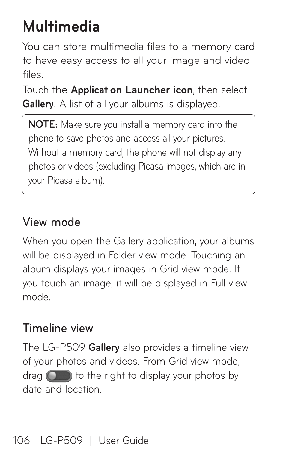 Multimedia, View model, Timeline view | LG LGP509 User Manual | Page 106 / 396