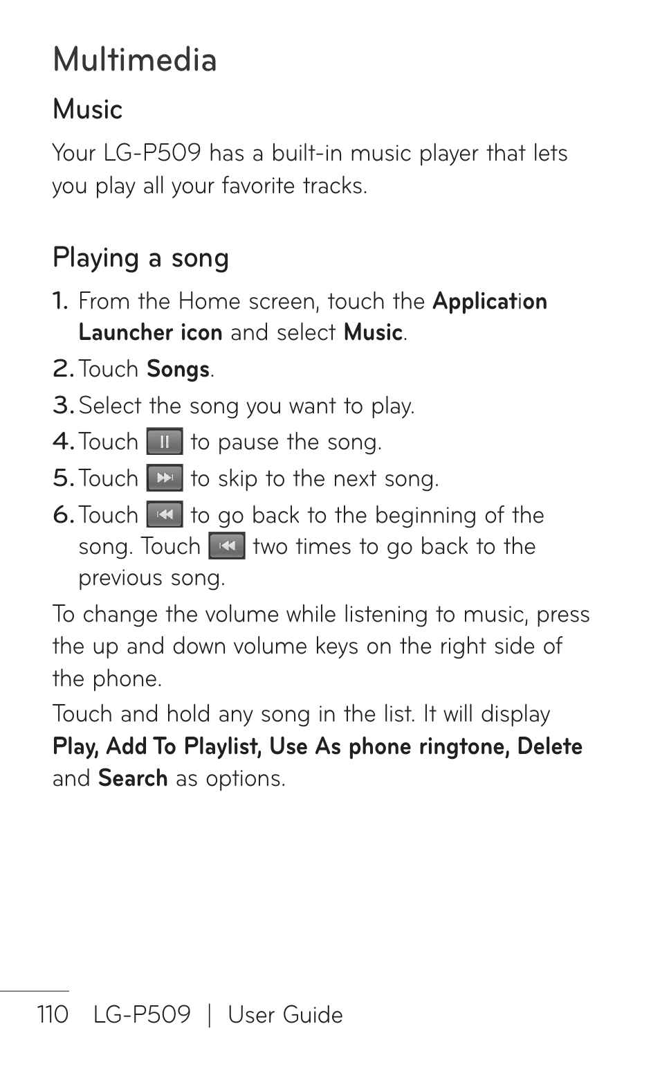 Music, Playing a song, Multimedia | LG LGP509 User Manual | Page 110 / 396