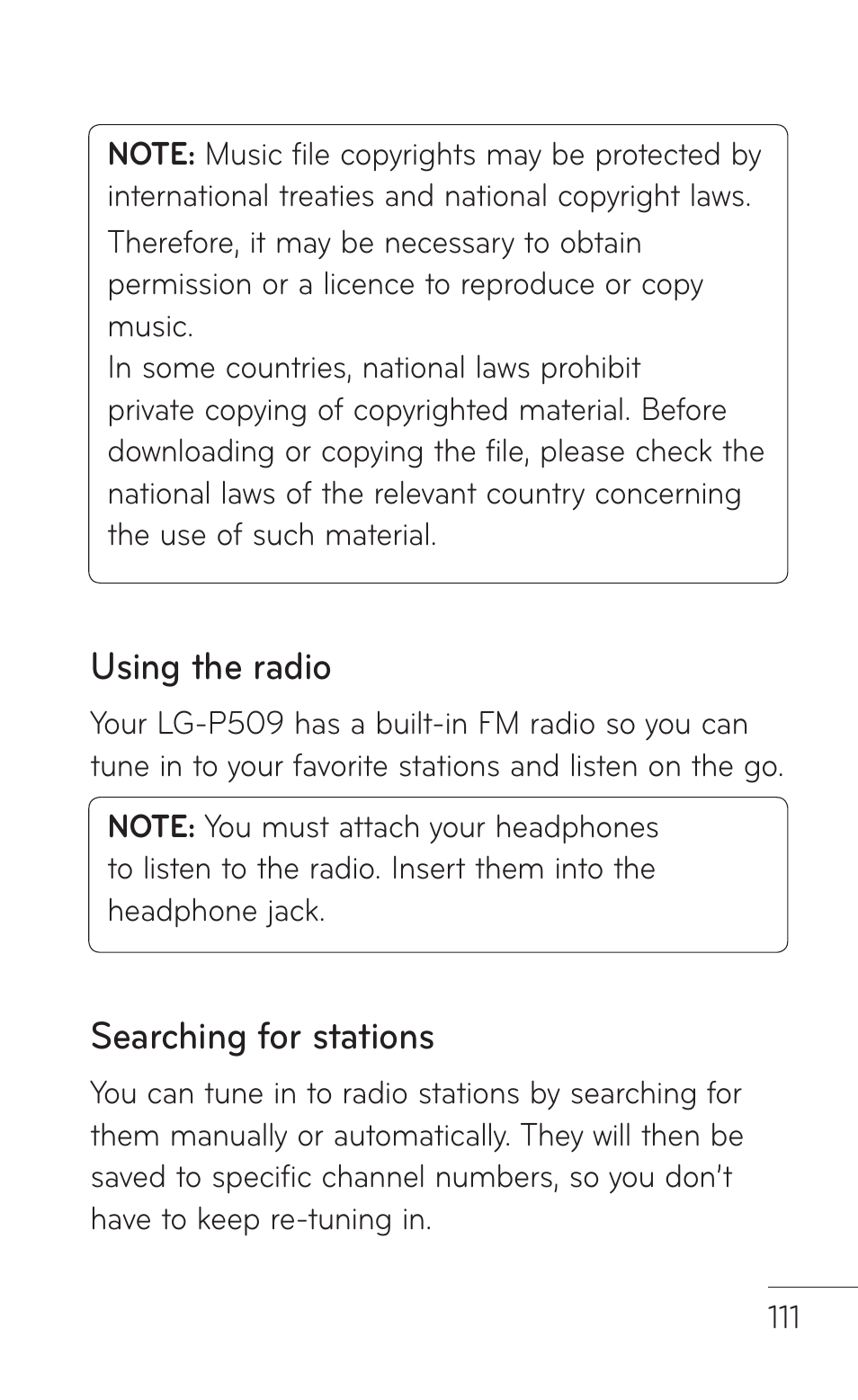 Using the radio, Searching for stations | LG LGP509 User Manual | Page 111 / 396