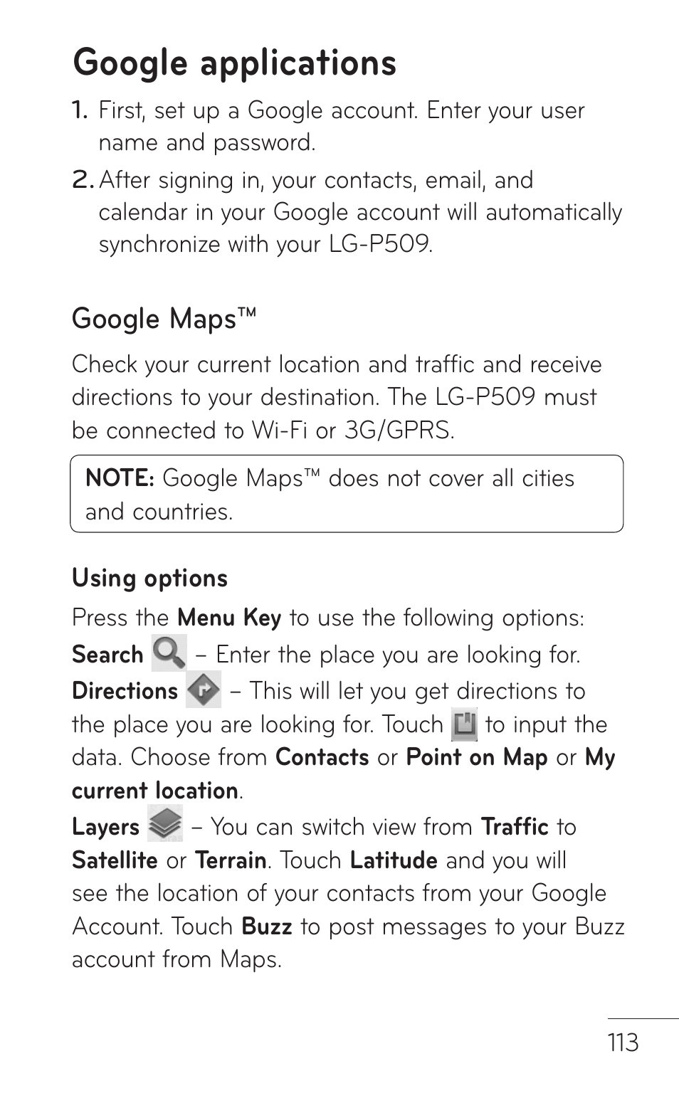 Google applications, Google maps | LG LGP509 User Manual | Page 113 / 396