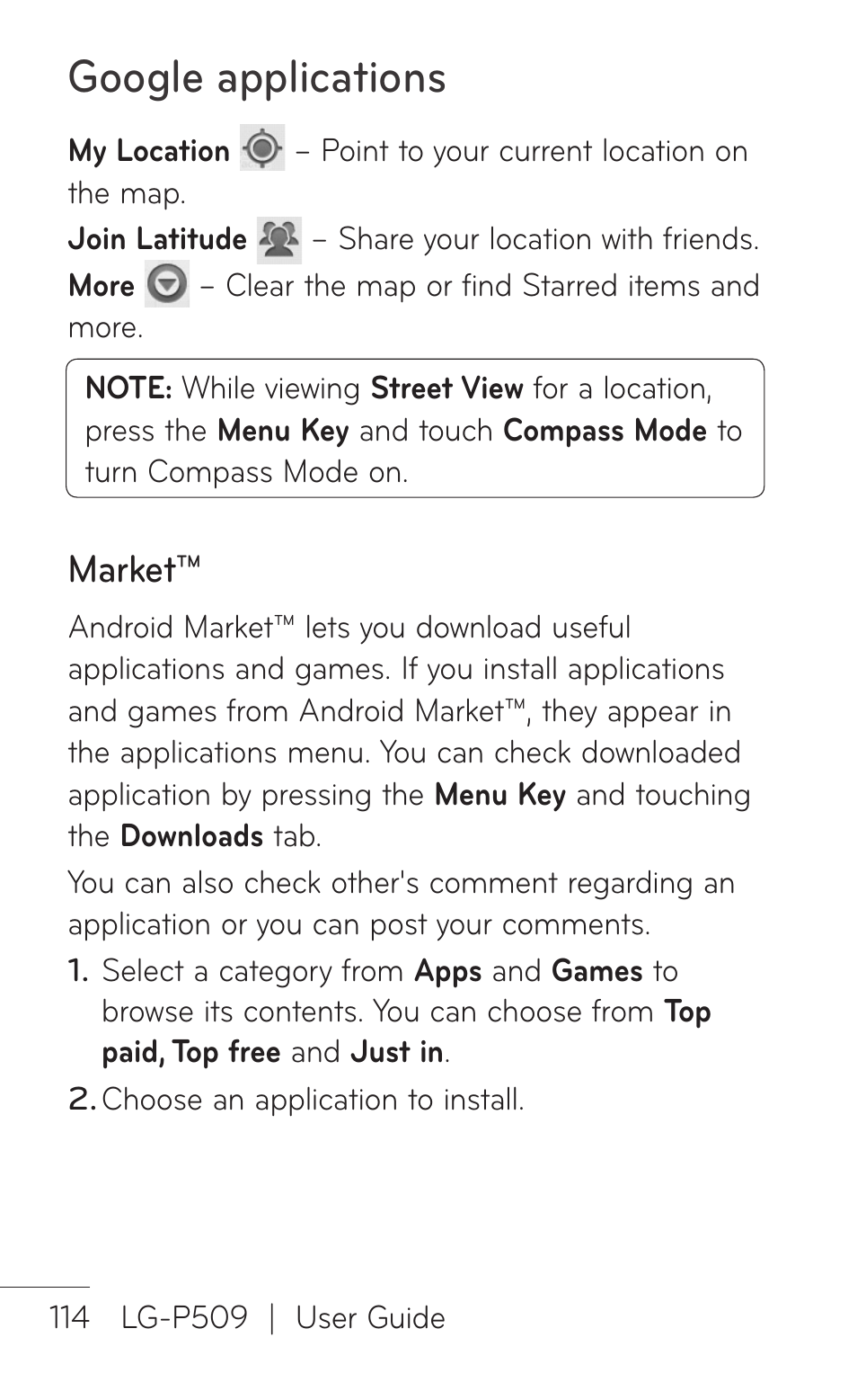 Market, Google applications | LG LGP509 User Manual | Page 114 / 396