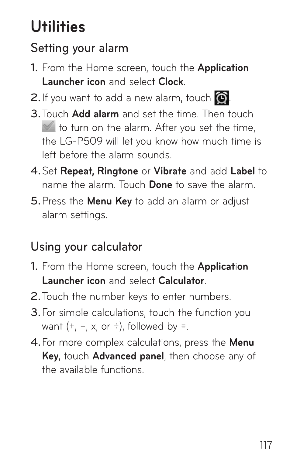 Utilities, Setting your alarm, Using your calculator | LG LGP509 User Manual | Page 117 / 396