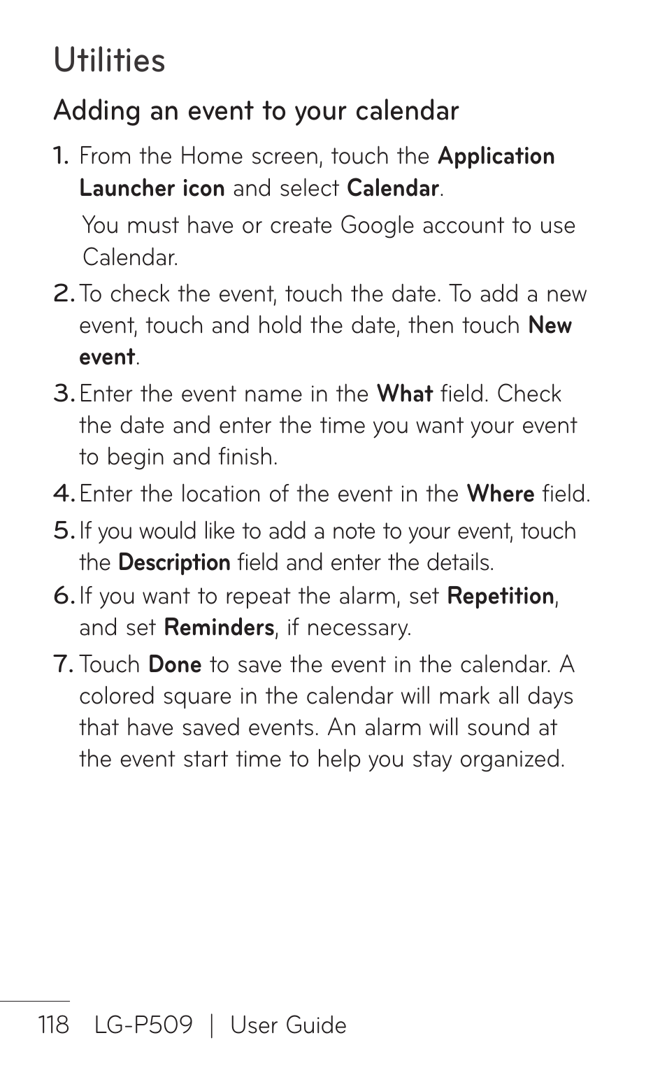 Adding an event to your calendar, Utilities | LG LGP509 User Manual | Page 118 / 396