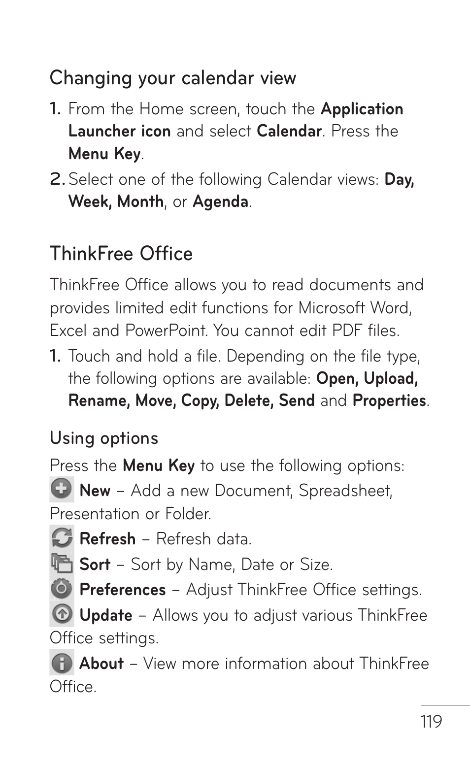 Changing your calendar view, Thinkfree office | LG LGP509 User Manual | Page 119 / 396