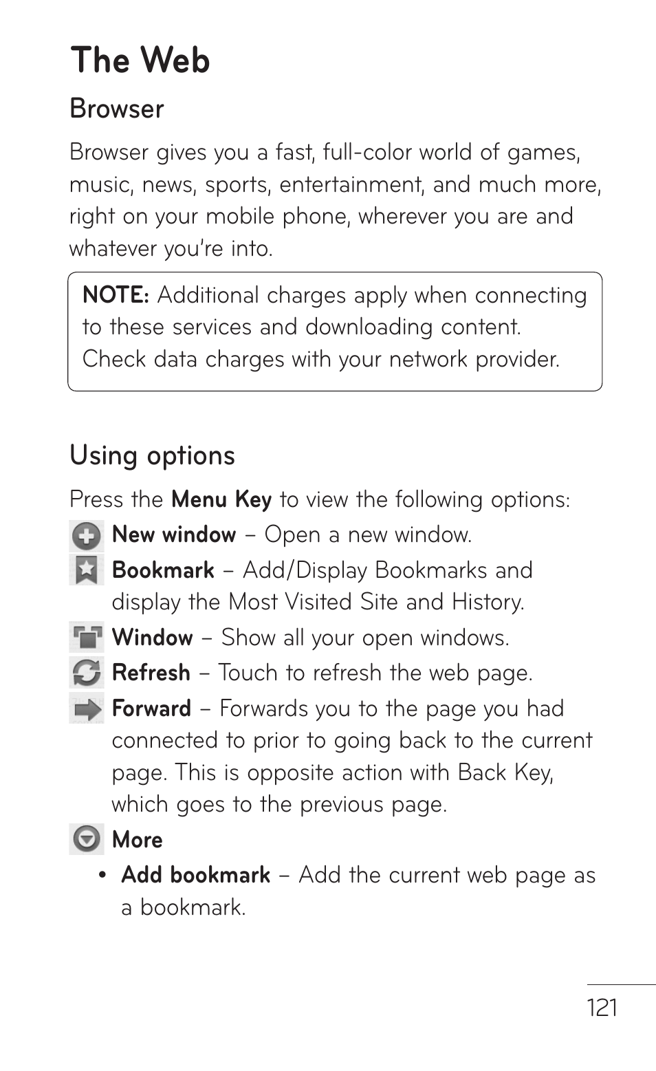 The web, Browser, Using options | LG LGP509 User Manual | Page 121 / 396