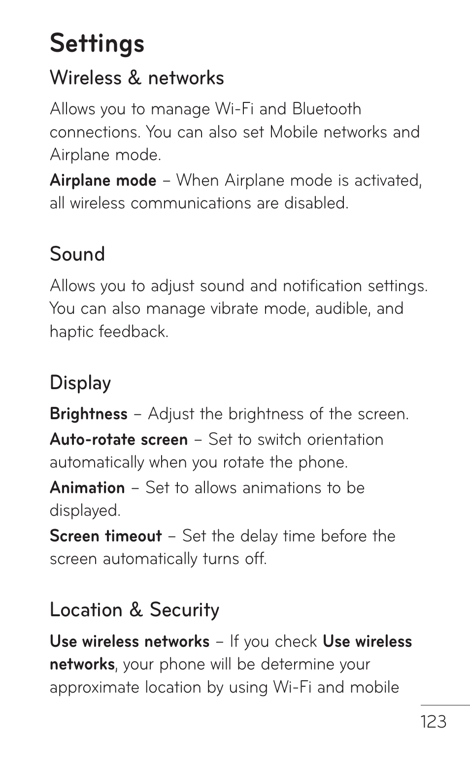 Settings, Wireless & networks, Sound | Display, Location & security | LG LGP509 User Manual | Page 123 / 396