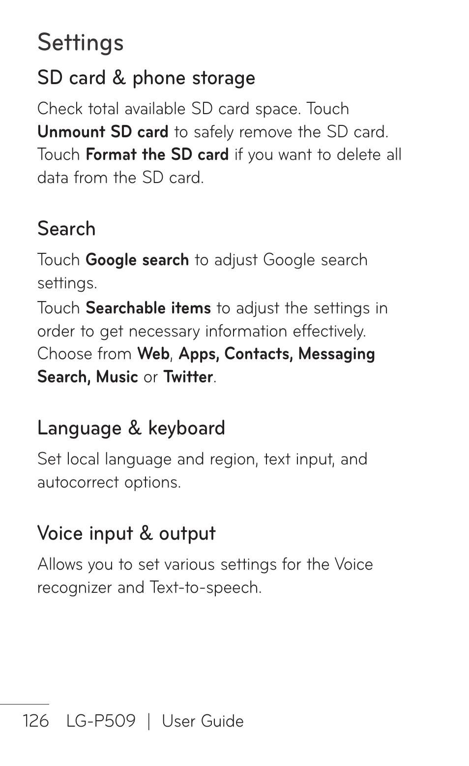 Sd card & phone storage, Search, Language & keyboard | Voice input & output, Settings | LG LGP509 User Manual | Page 126 / 396