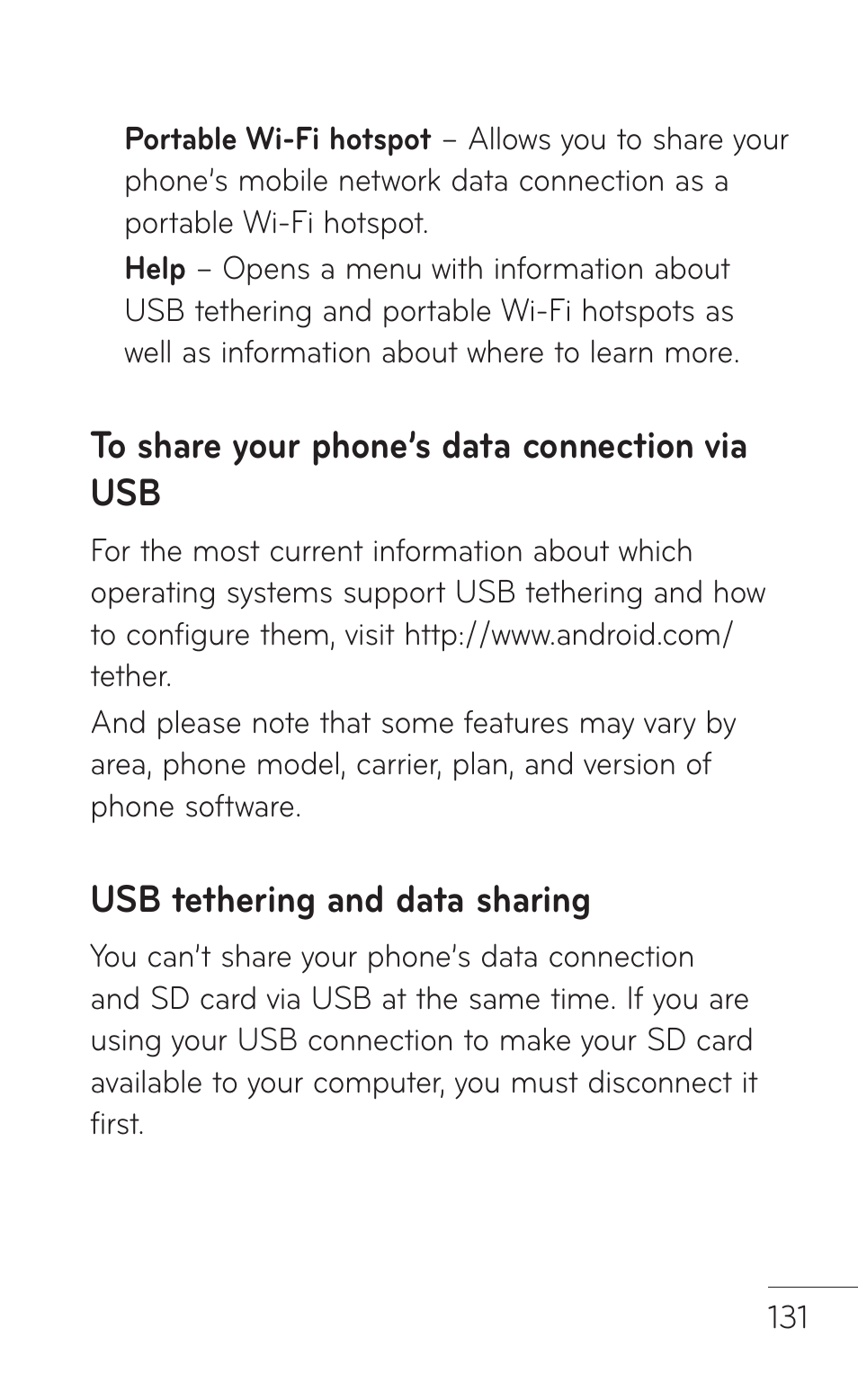 To share your phone’s data connection via usb, Usb tethering and data sharing | LG LGP509 User Manual | Page 131 / 396