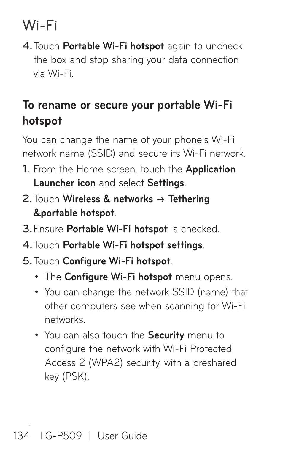 To rename or secure your portable wi-fi hotspot, Wi-fi | LG LGP509 User Manual | Page 134 / 396