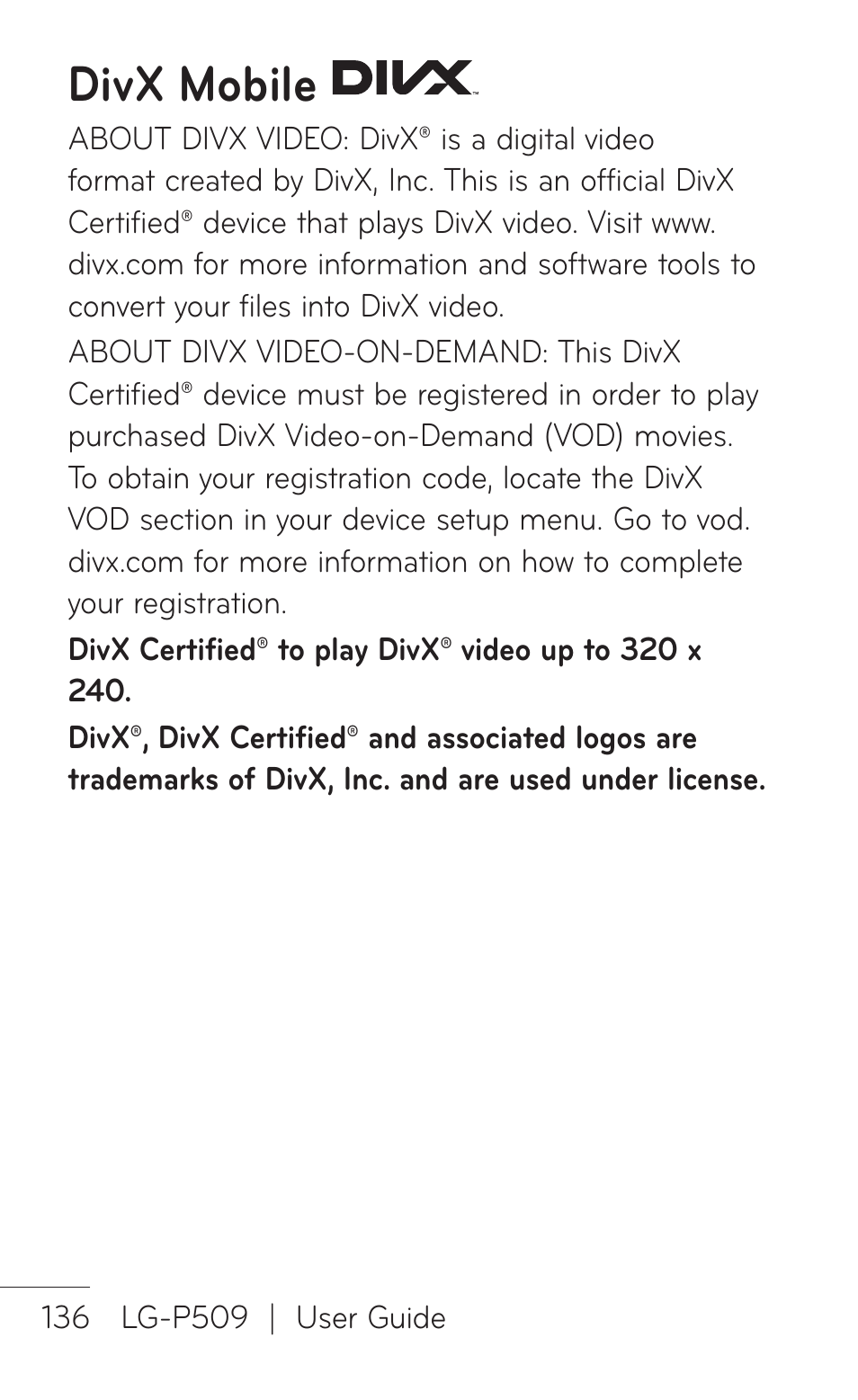 Divx mobile | LG LGP509 User Manual | Page 136 / 396