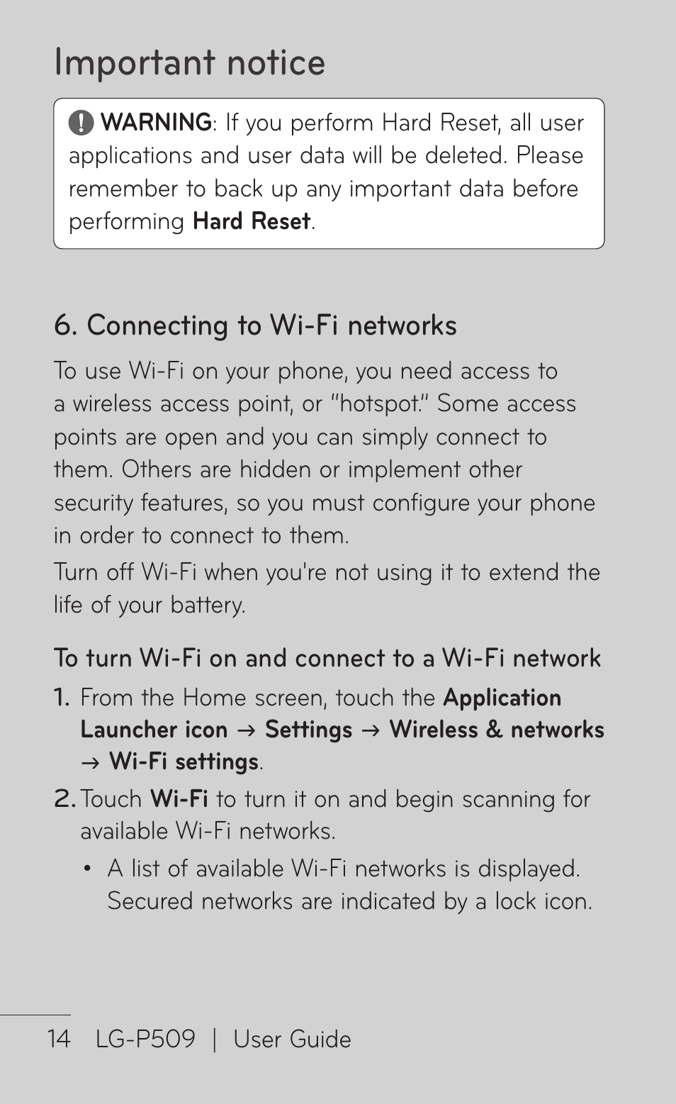 Important notice, Connecting to wi-fi networks | LG LGP509 User Manual | Page 14 / 396