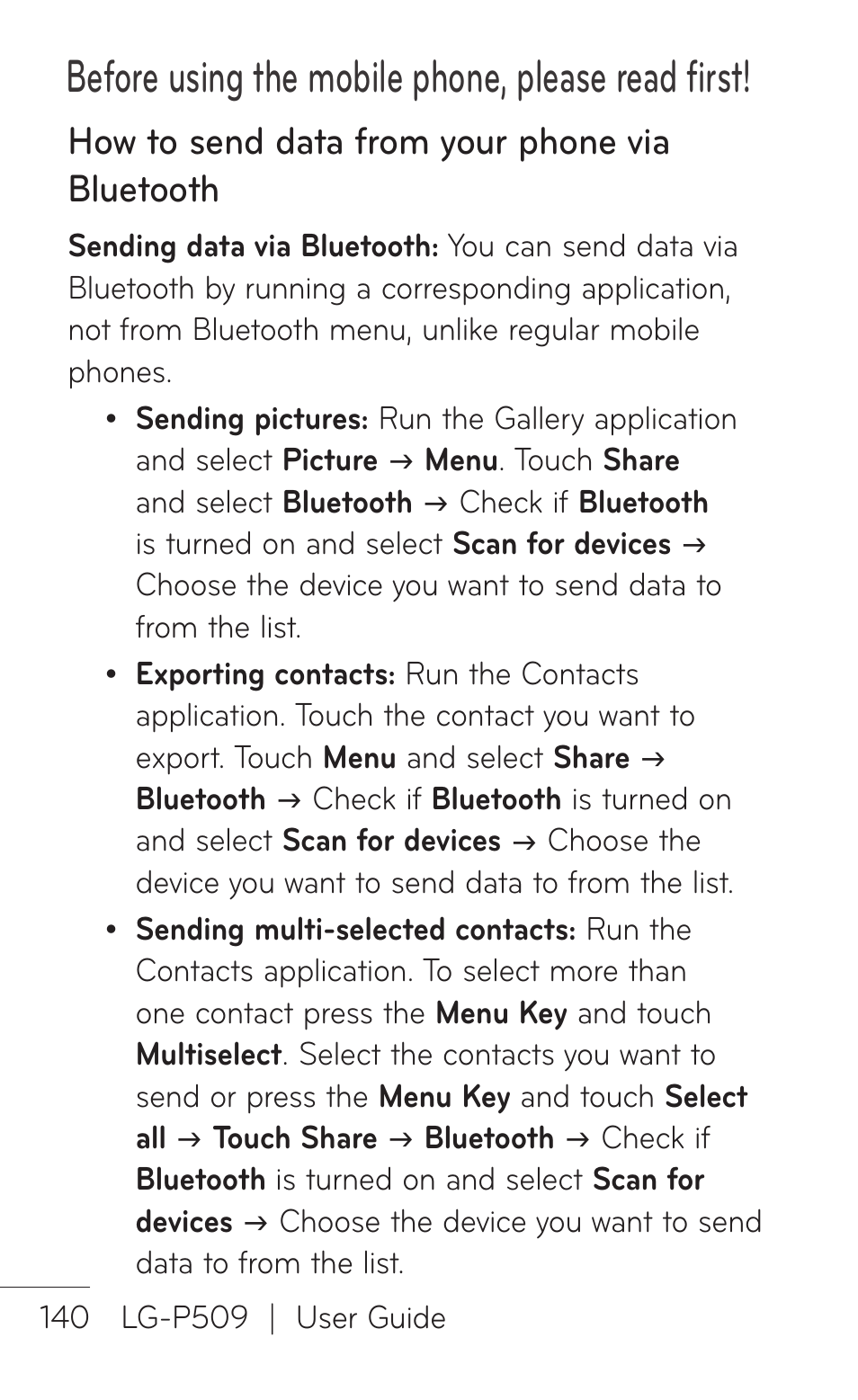 Before using the mobile phone, please read first, How to send data from your phone via bluetooth | LG LGP509 User Manual | Page 140 / 396