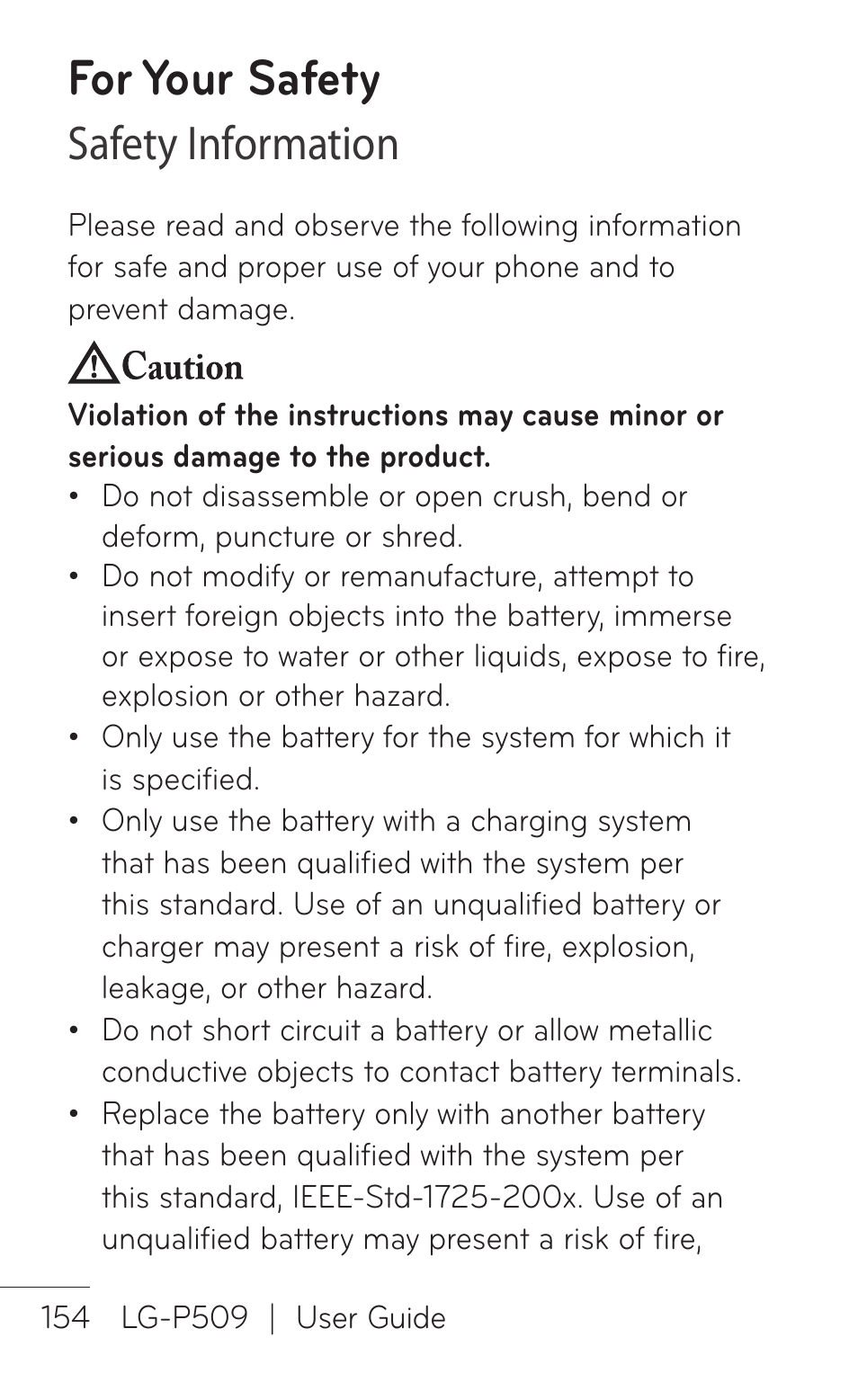 For your safety, Safety information | LG LGP509 User Manual | Page 154 / 396