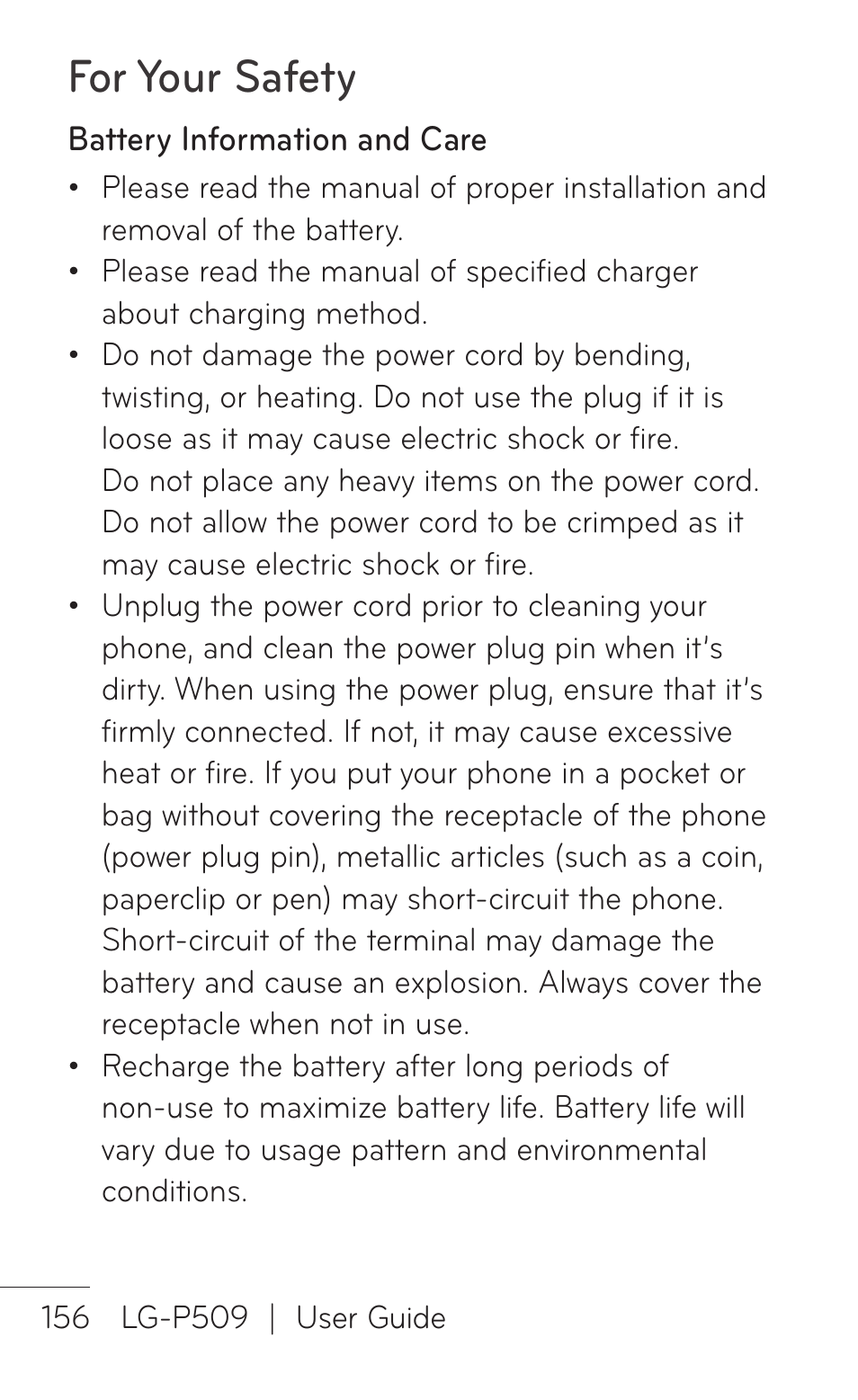 For your safety | LG LGP509 User Manual | Page 156 / 396