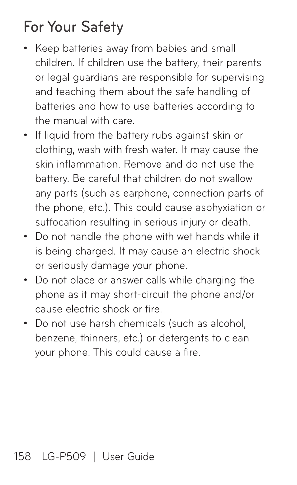 For your safety | LG LGP509 User Manual | Page 158 / 396