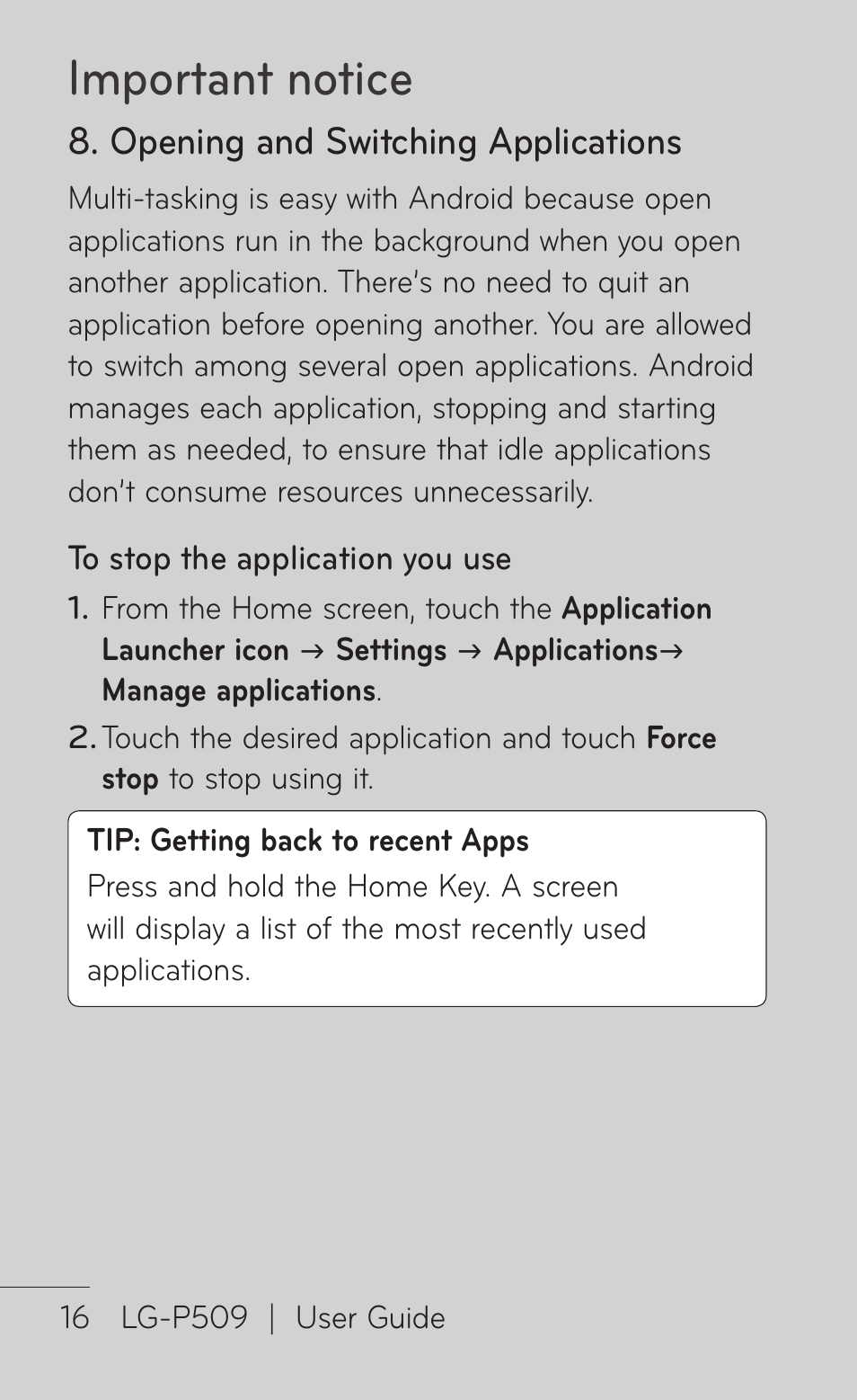 Important notice, Opening and switching applications | LG LGP509 User Manual | Page 16 / 396