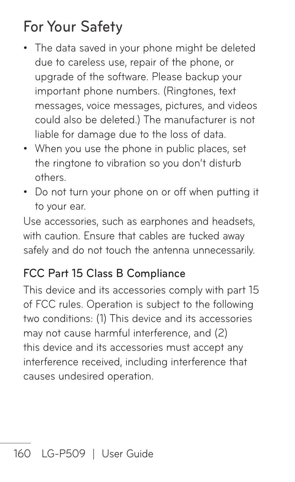 For your safety | LG LGP509 User Manual | Page 160 / 396