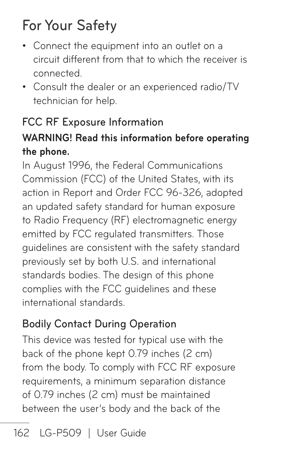 For your safety | LG LGP509 User Manual | Page 162 / 396