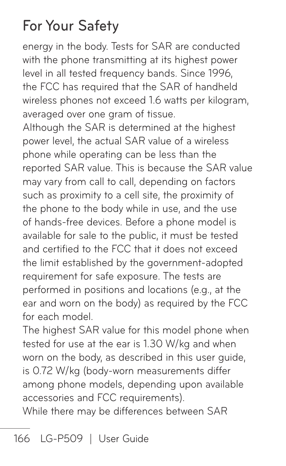 For your safety | LG LGP509 User Manual | Page 166 / 396