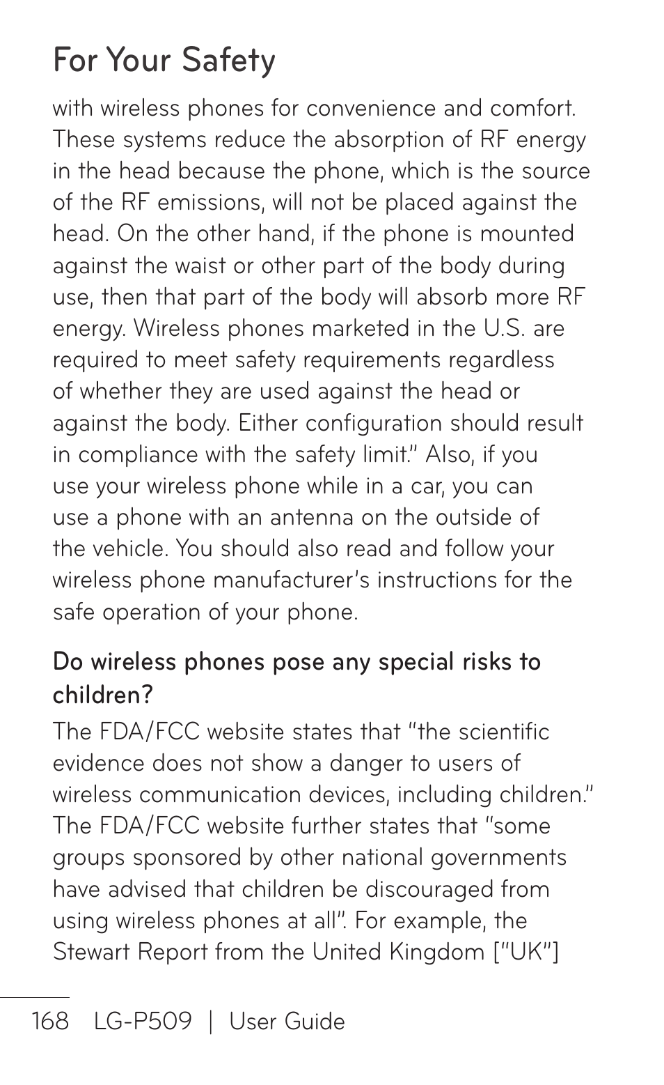 For your safety | LG LGP509 User Manual | Page 168 / 396