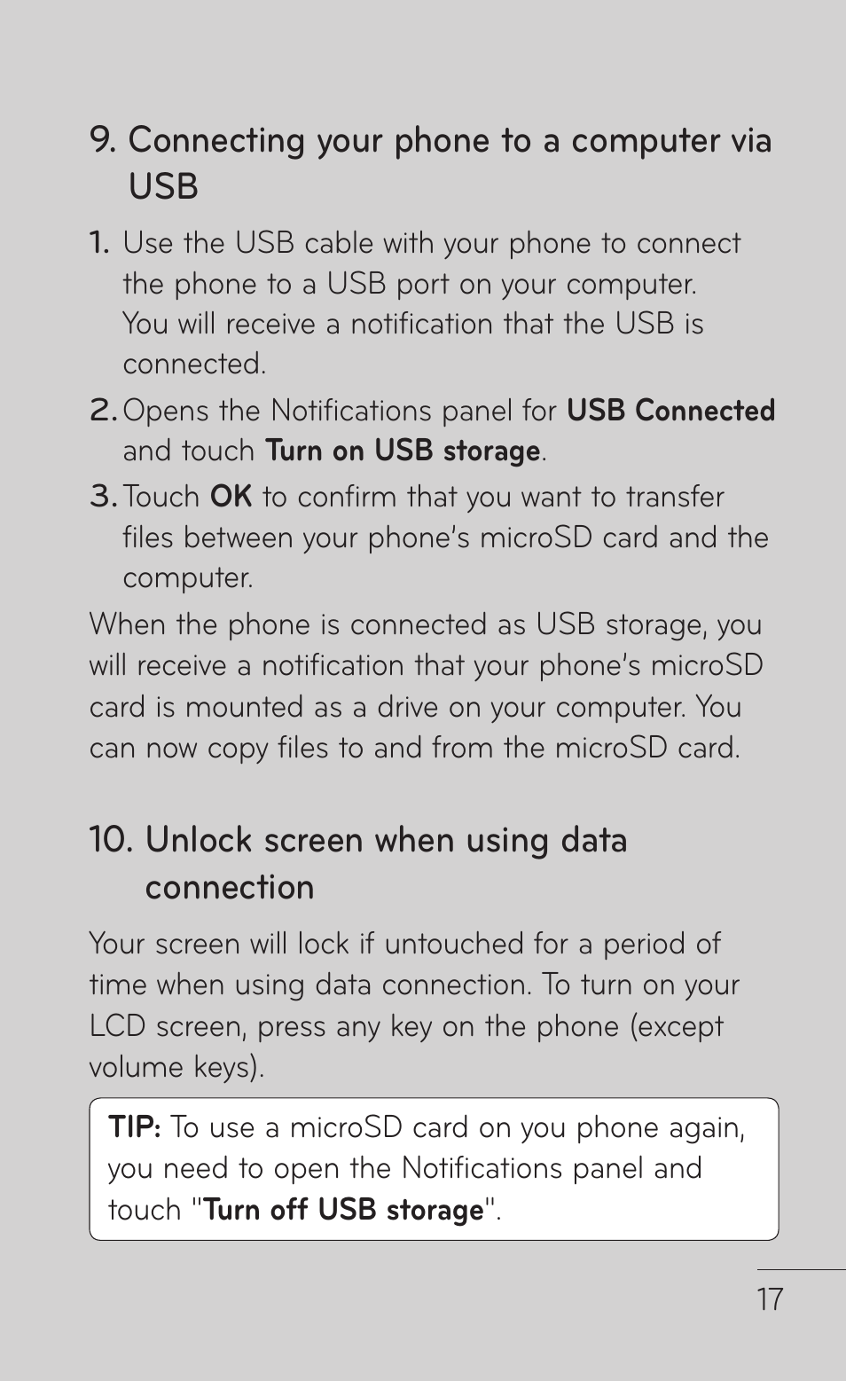 Connecting your phone to a computer via usb, Unlock screen when using data connection | LG LGP509 User Manual | Page 17 / 396