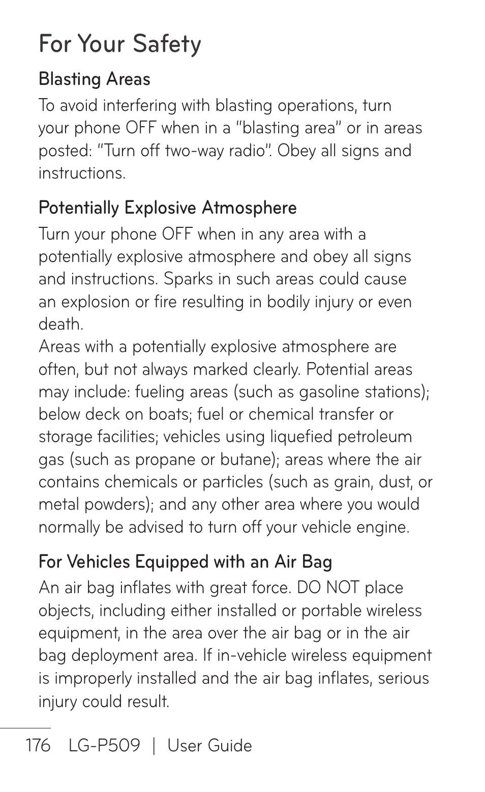 For your safety | LG LGP509 User Manual | Page 176 / 396