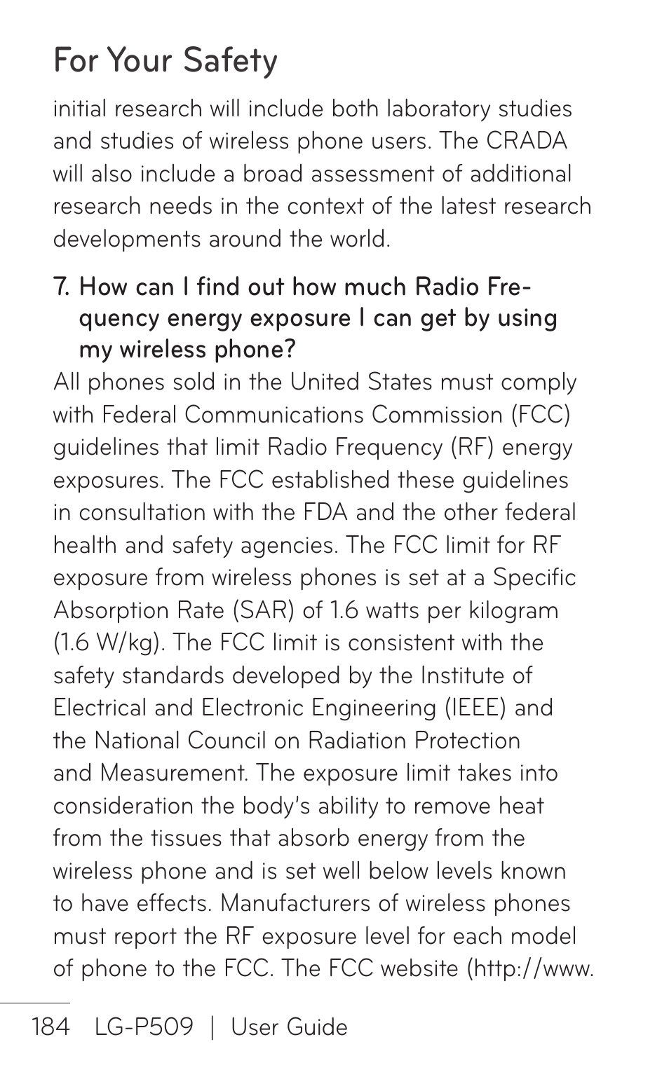 For your safety | LG LGP509 User Manual | Page 184 / 396