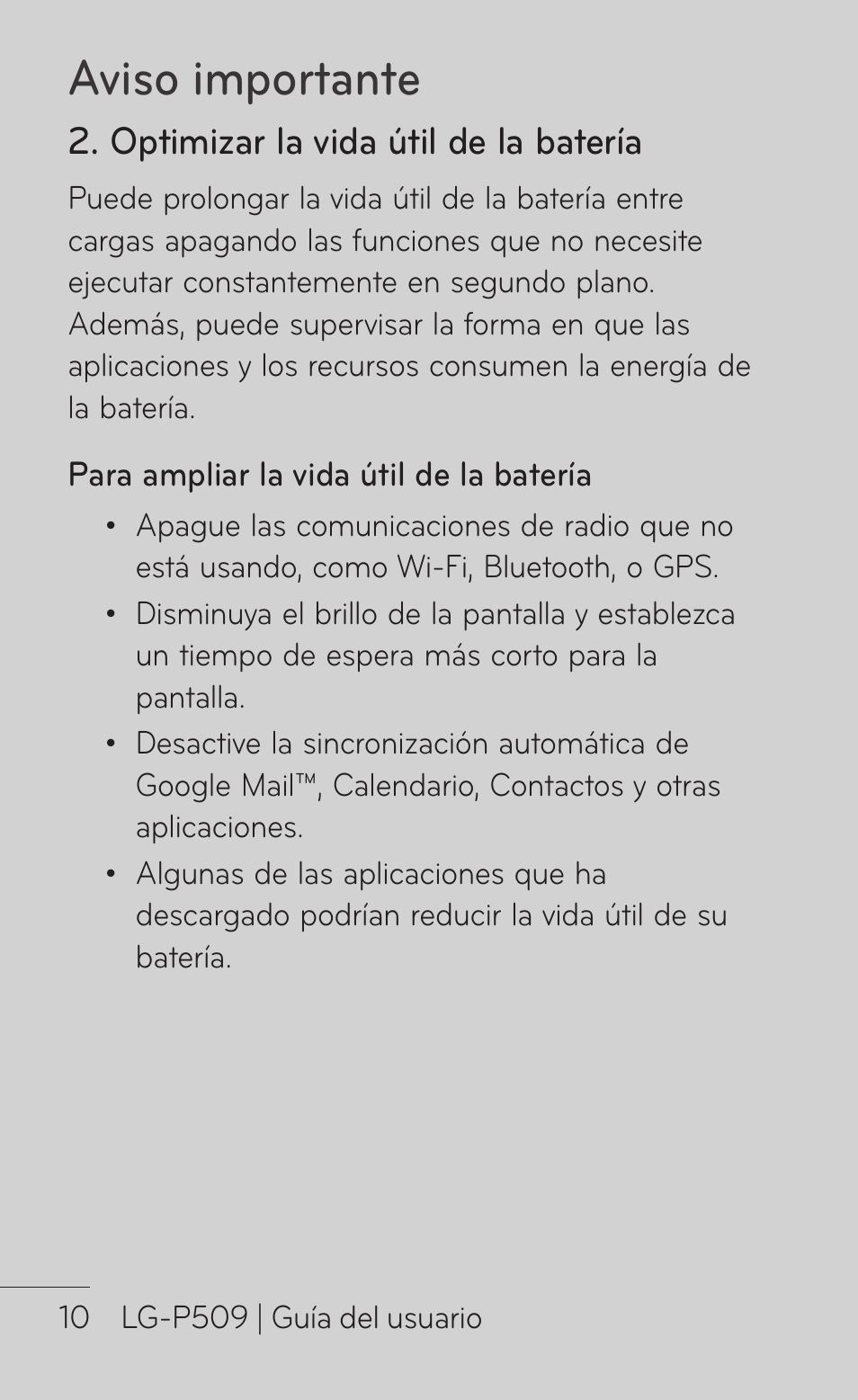 Aviso importante | LG LGP509 User Manual | Page 202 / 396