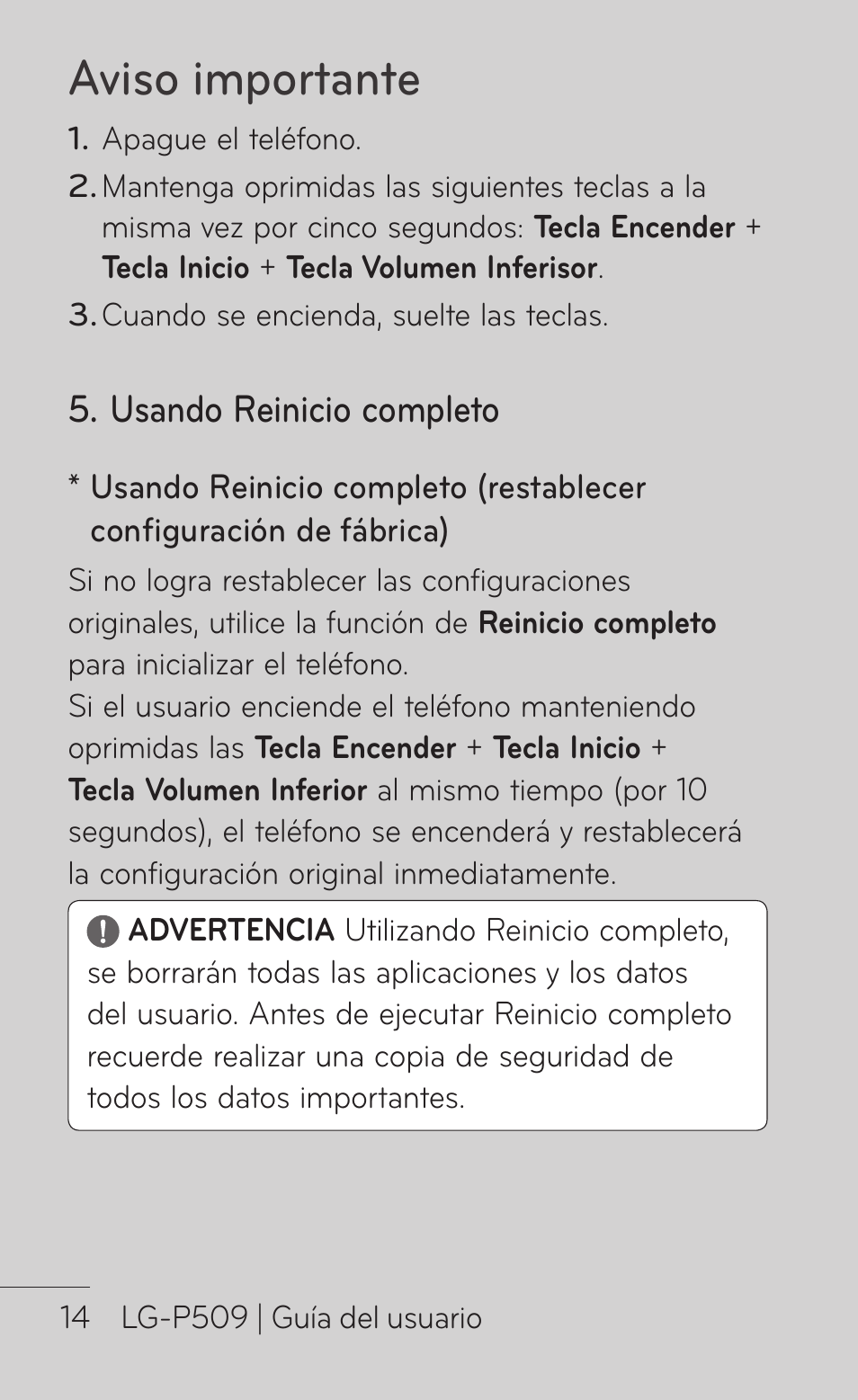 Aviso importante, Usando reinicio completo | LG LGP509 User Manual | Page 206 / 396