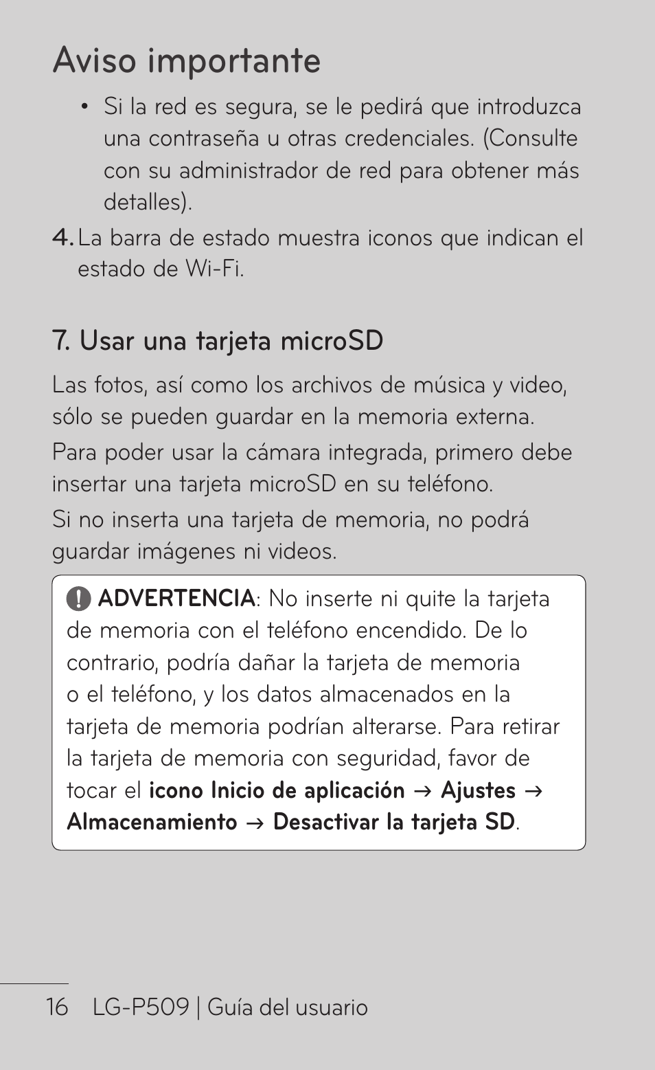 Aviso importante, Usar una tarjeta microsd | LG LGP509 User Manual | Page 208 / 396