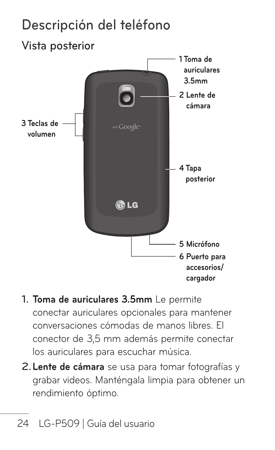 Vista posterior, Descripción del teléfono | LG LGP509 User Manual | Page 216 / 396