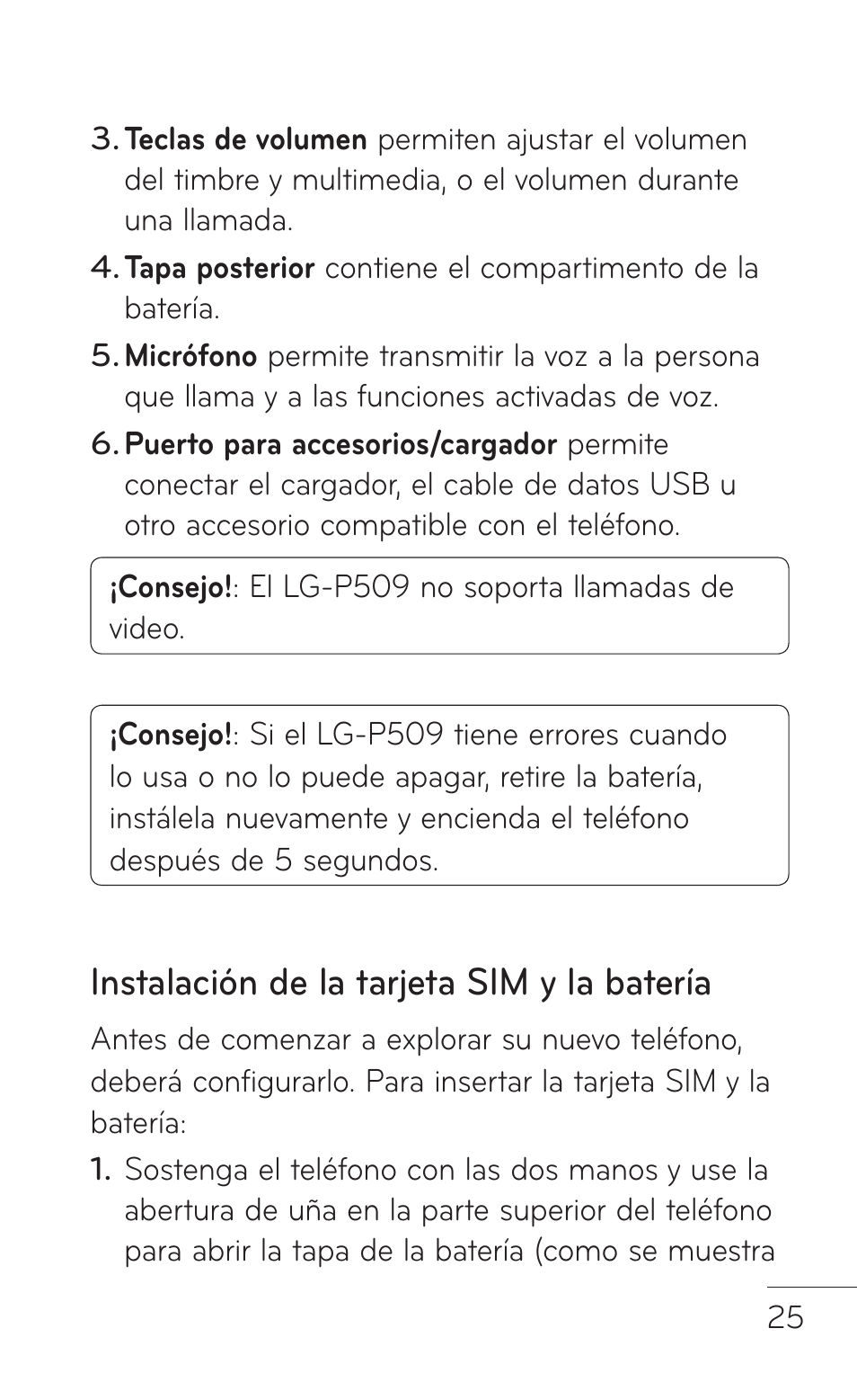 Instalación de la tarjeta sim y la batería | LG LGP509 User Manual | Page 217 / 396