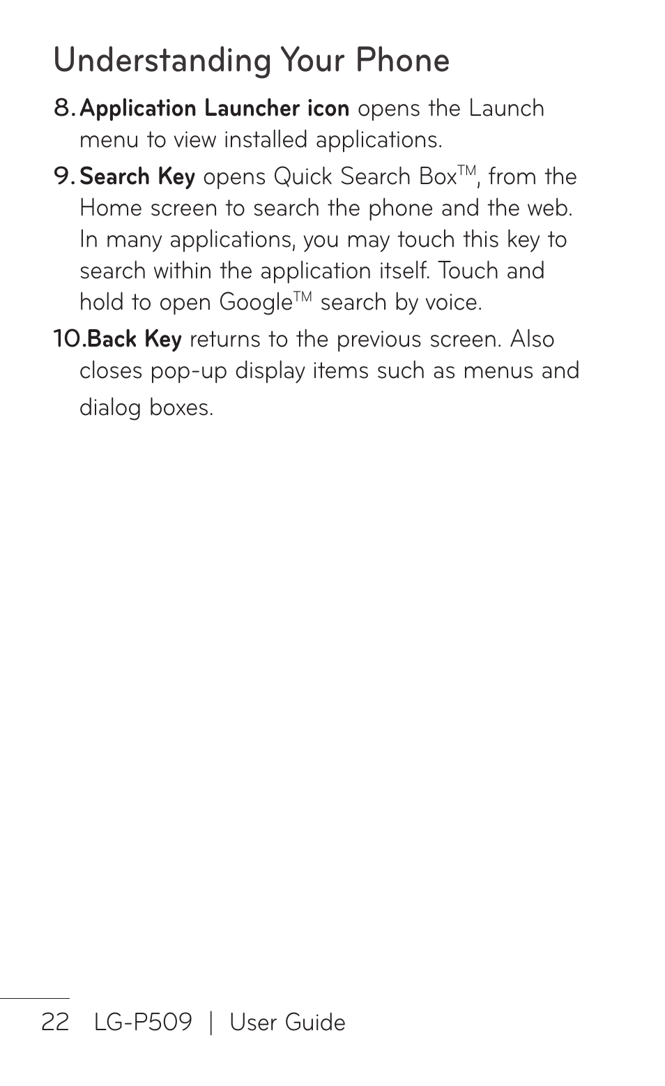 Understanding your phone | LG LGP509 User Manual | Page 22 / 396