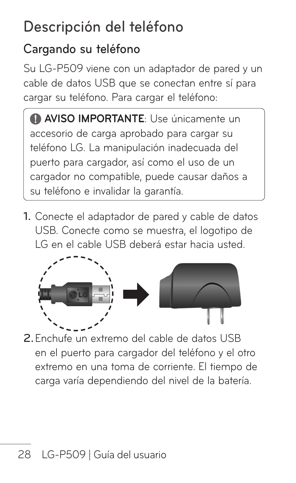 Cargando su teléfono, Descripción del teléfono | LG LGP509 User Manual | Page 220 / 396