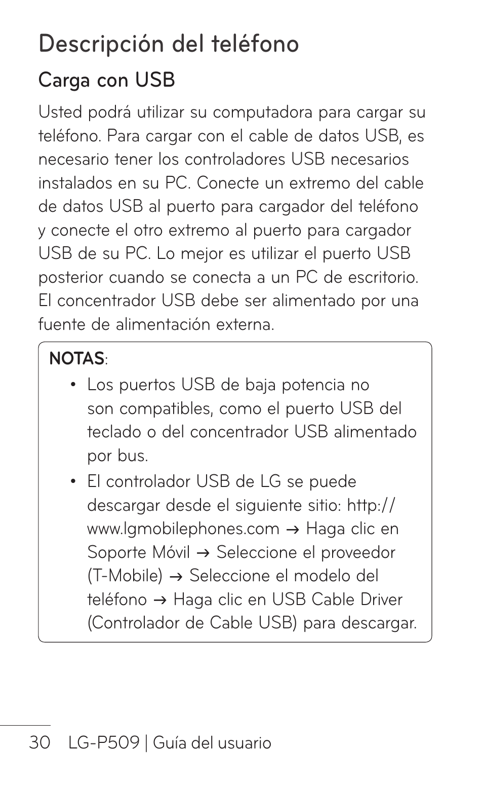 Carga con usb, Descripción del teléfono | LG LGP509 User Manual | Page 222 / 396