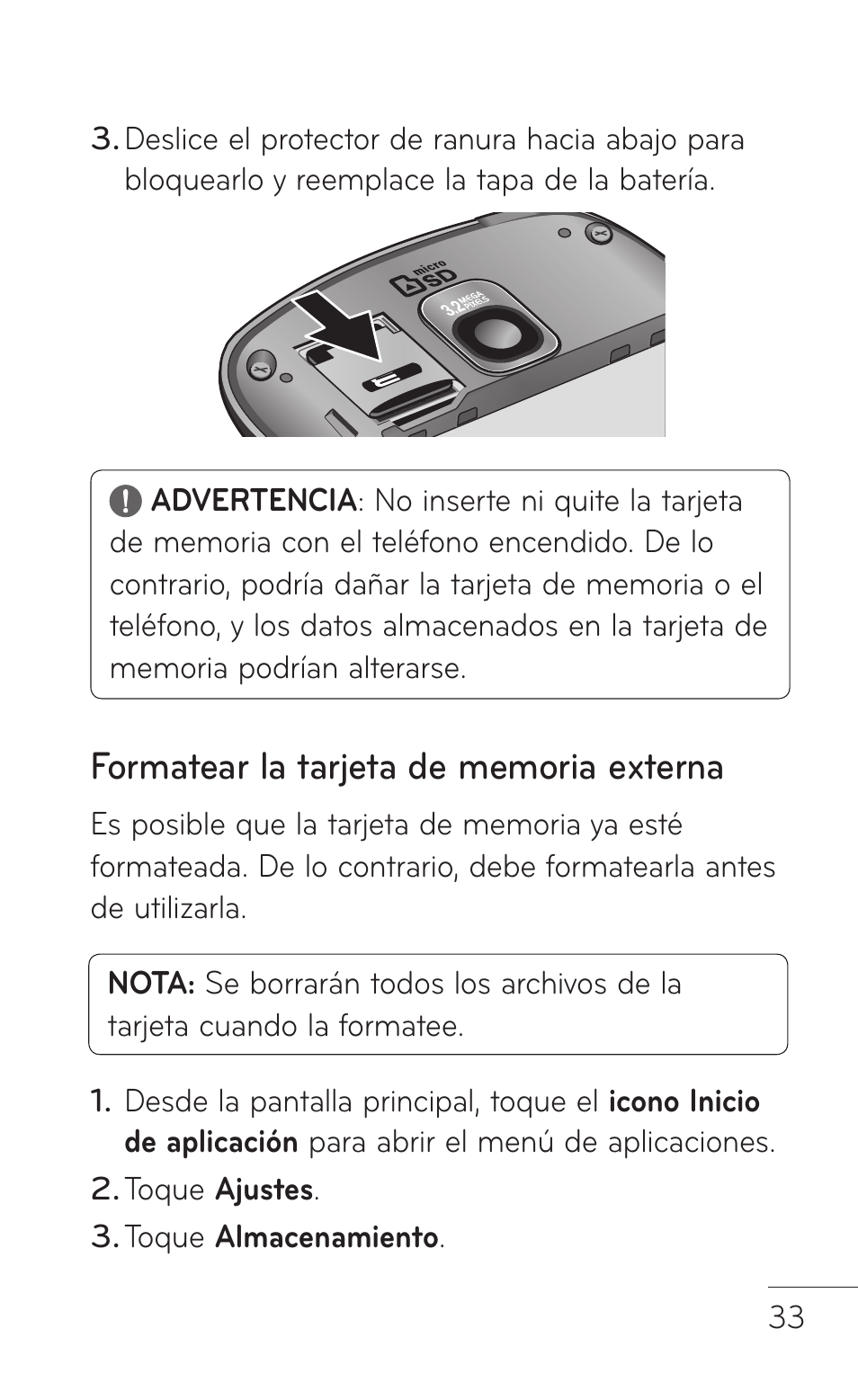 Formatear la tarjeta de memoria externa | LG LGP509 User Manual | Page 225 / 396