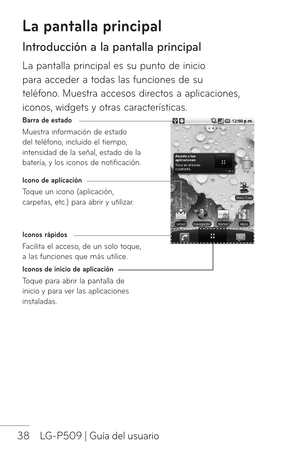 La pantalla principal, Introducción a la pantalla principal | LG LGP509 User Manual | Page 230 / 396