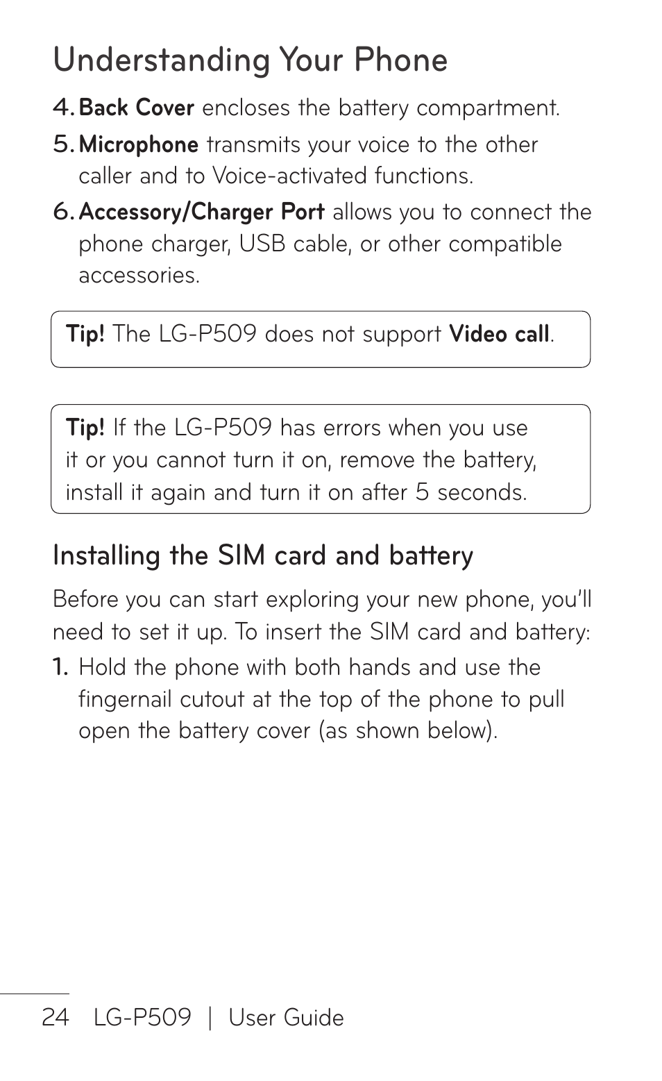 Installing the sim card and battery, Understanding your phone | LG LGP509 User Manual | Page 24 / 396