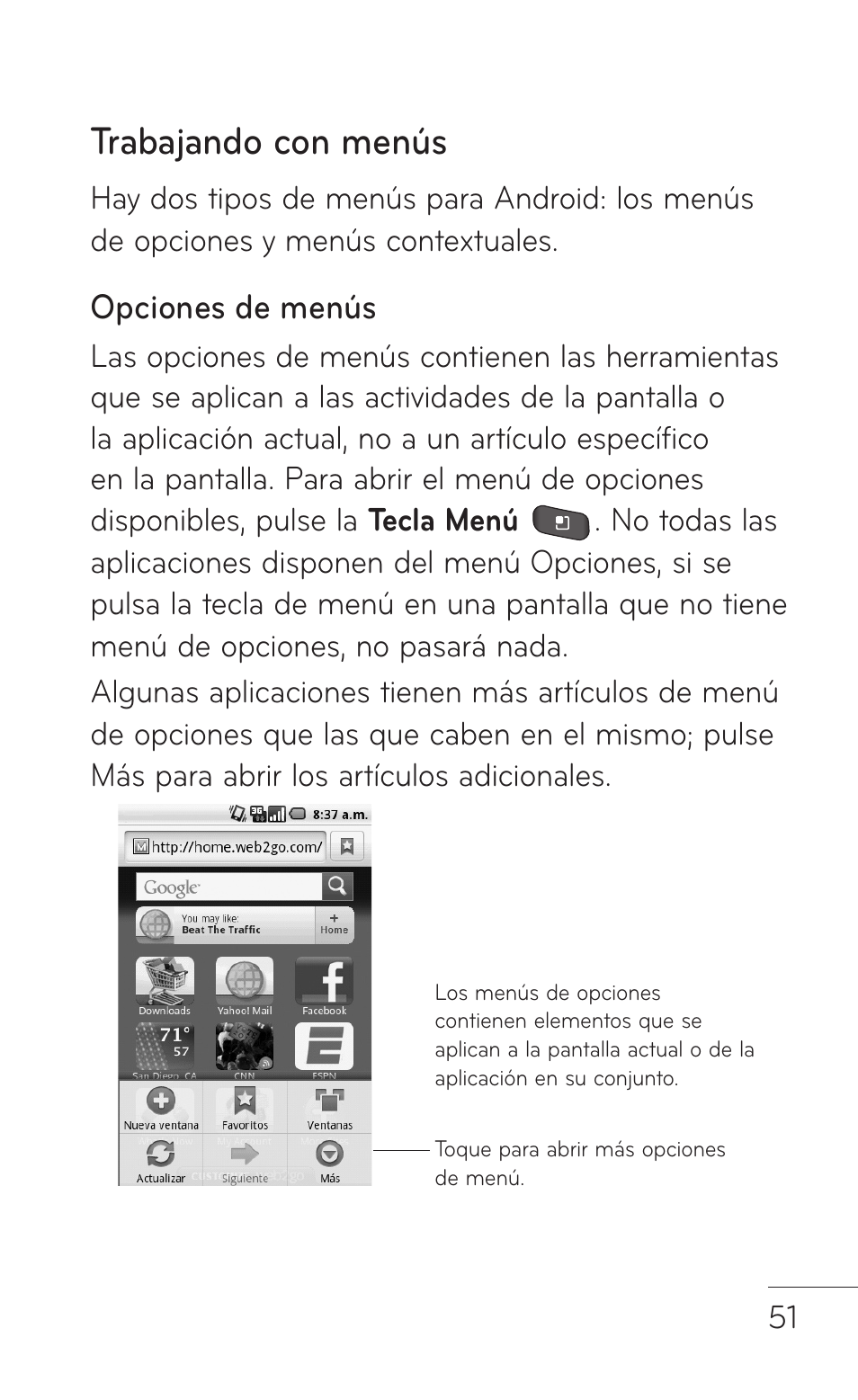 Trabajando con menús, Opciones de menús | LG LGP509 User Manual | Page 243 / 396