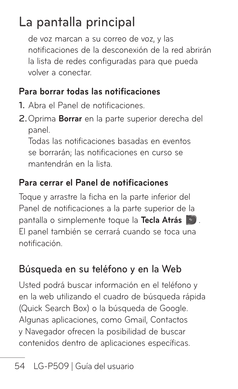 Búsqueda en su teléfono y en la web, La pantalla principal | LG LGP509 User Manual | Page 246 / 396