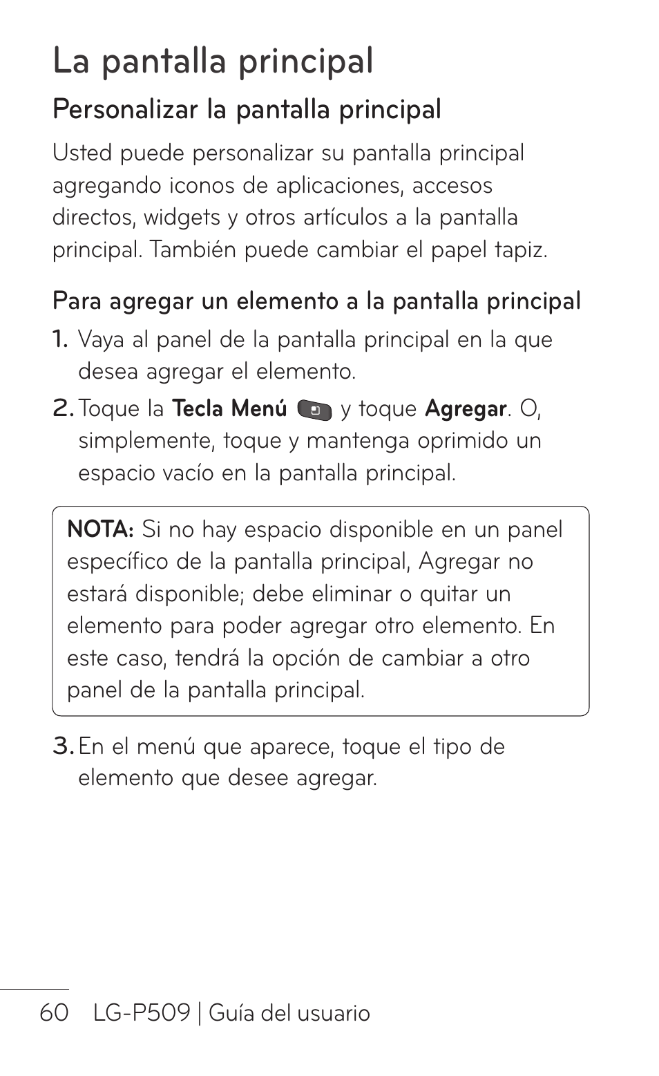 Personalizar la pantalla principal, La pantalla principal | LG LGP509 User Manual | Page 252 / 396