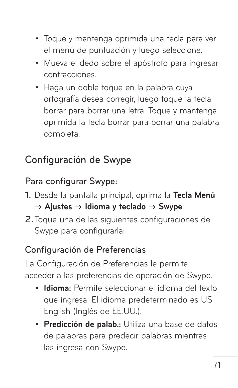 Configuración swype, Configuración de swype | LG LGP509 User Manual | Page 263 / 396