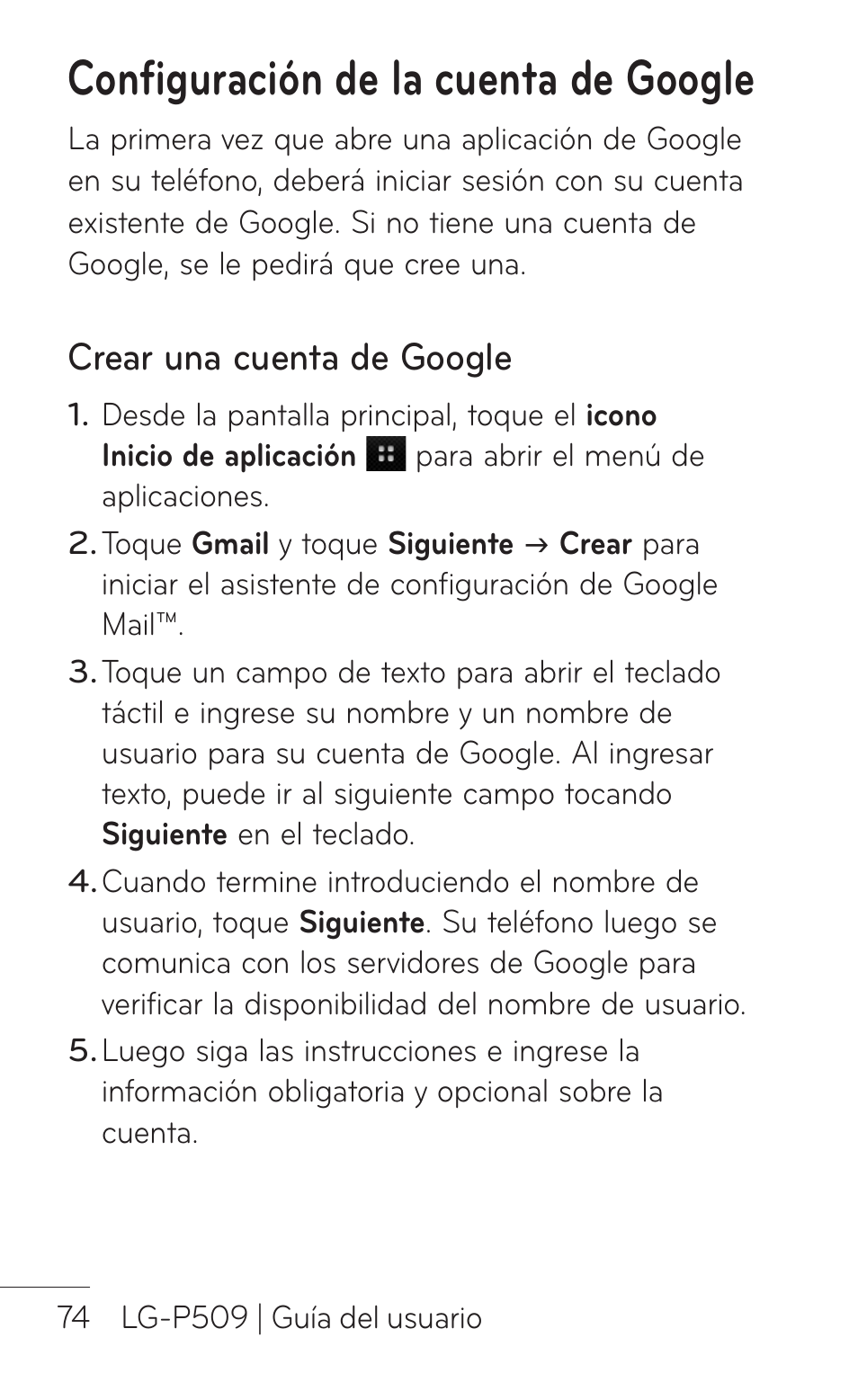 Configuración de la cuenta de google, Crear una cuenta de google | LG LGP509 User Manual | Page 266 / 396