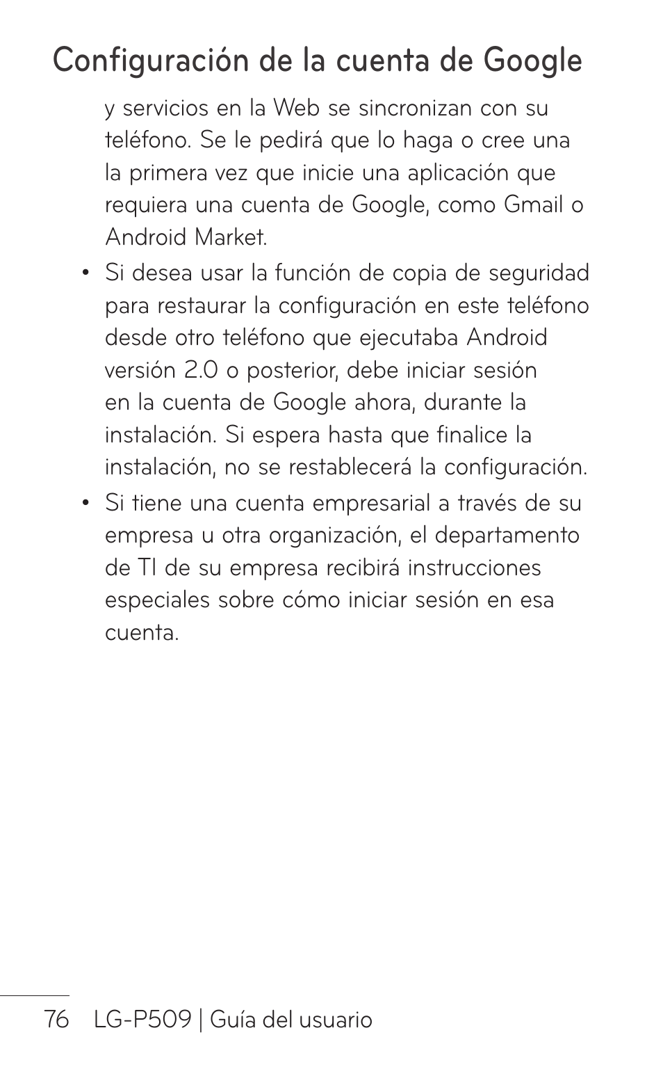 Configuración de la cuenta de google | LG LGP509 User Manual | Page 268 / 396